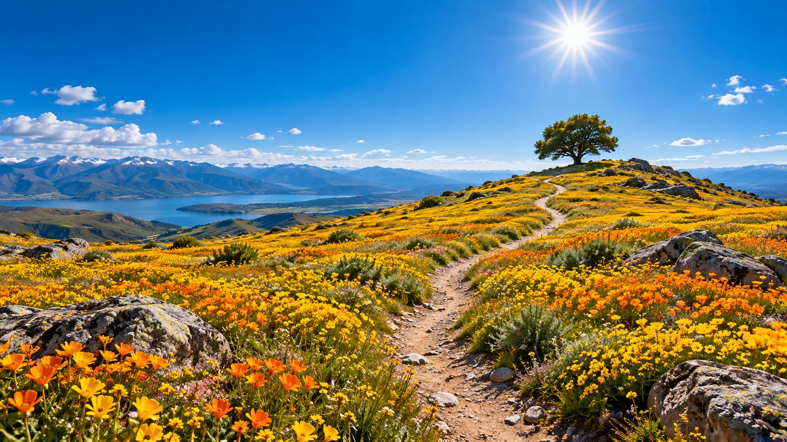 Un sendero estrecho atraviesa un altiplano cubierto de flores silvestres amarillas y naranjas hasta un árbol solitario en lo alto de una loma.