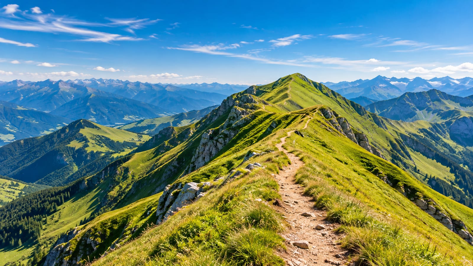Un sendero recorre el filo de una cresta de montaña hacia una cumbre lejana, con laderas verdes a ambos lados y cordilleras azules en el horizonte.