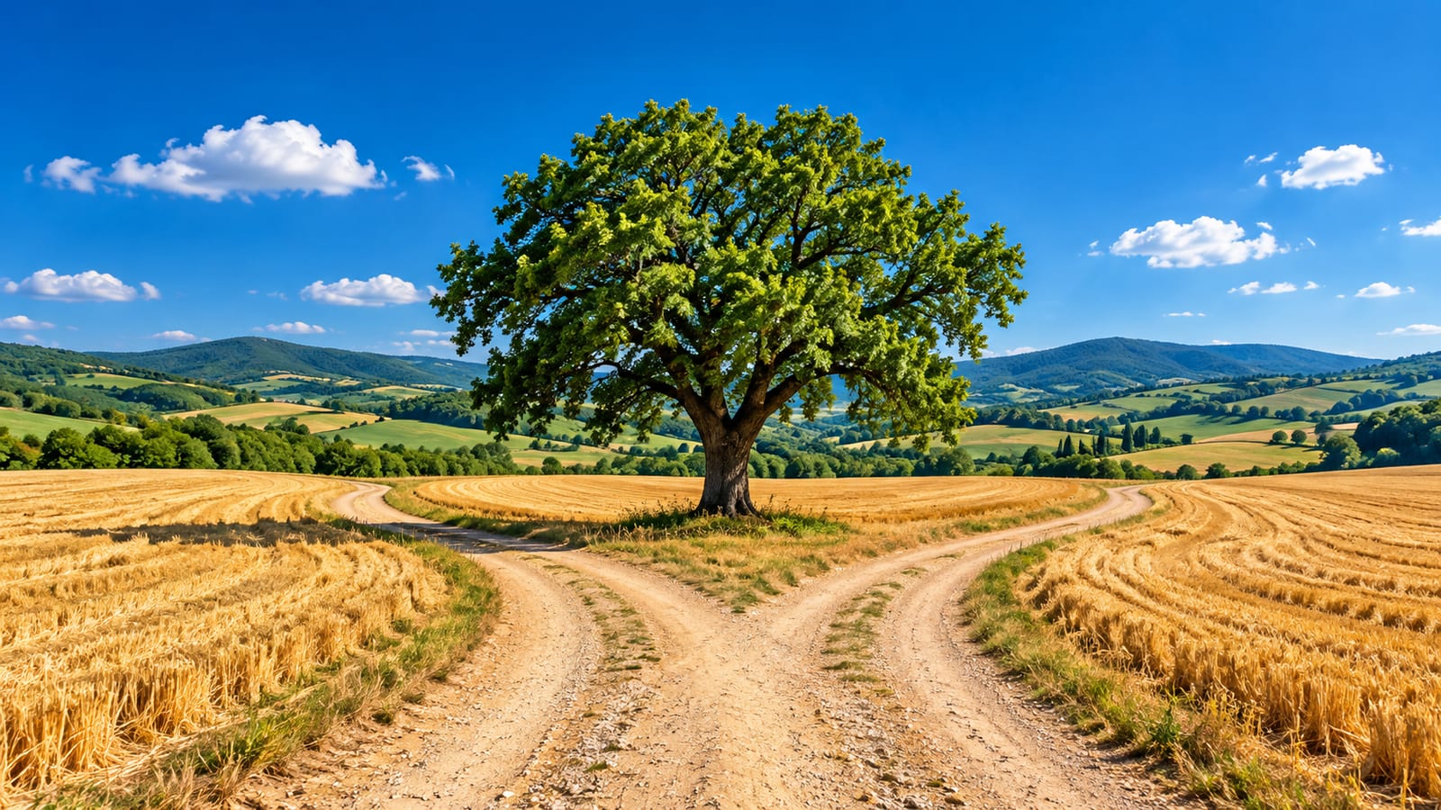 Dos caminos de tierra se separan entre campos de cereal dorado recién segado, con un roble solitario en el cruce y colinas verdes bajo un cielo azul.