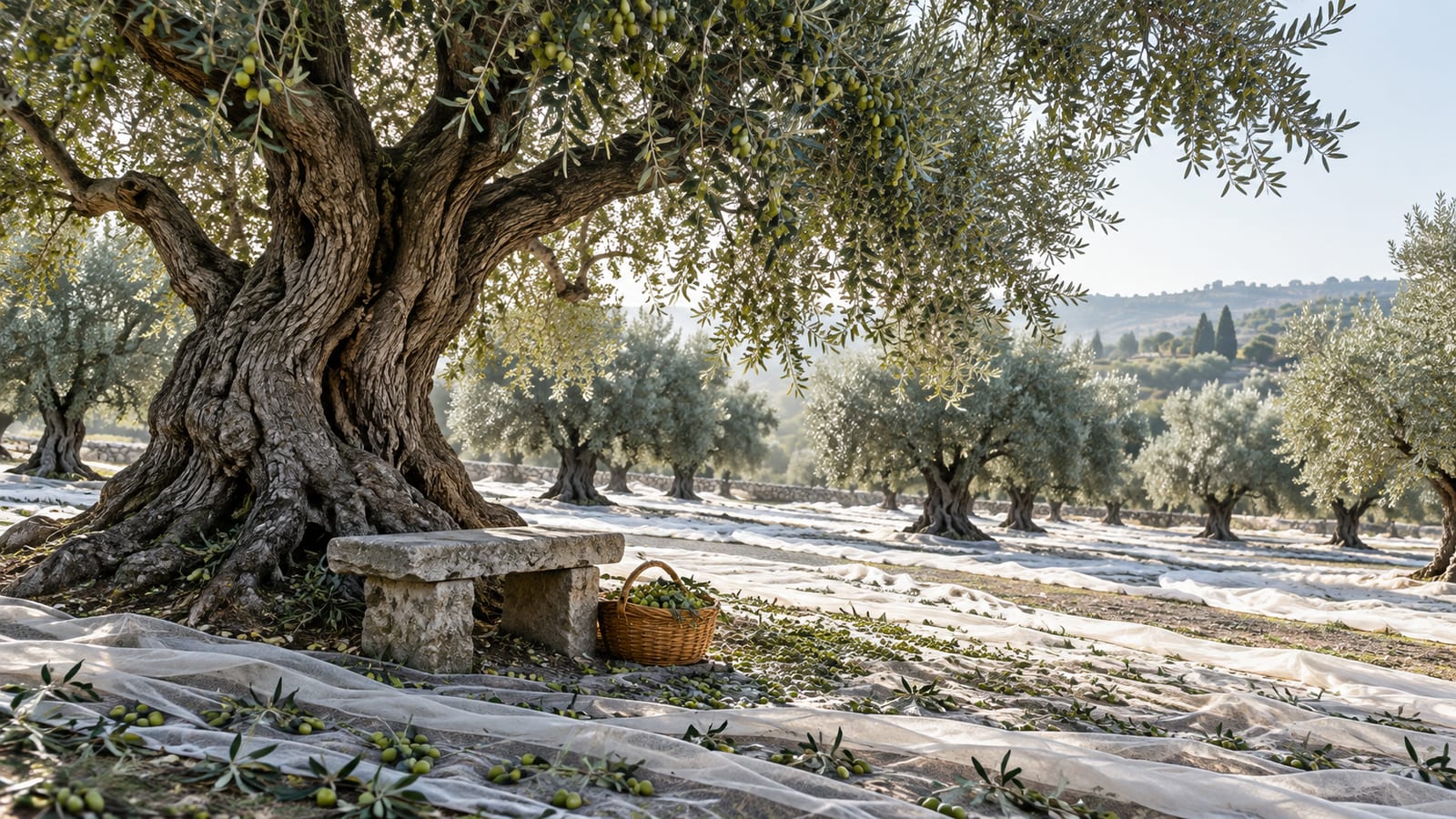 Un olivar antiguo con redes blancas tendidas bajo los árboles cargados de aceitunas y un banco de piedra a la sombra junto a una cesta de mimbre.