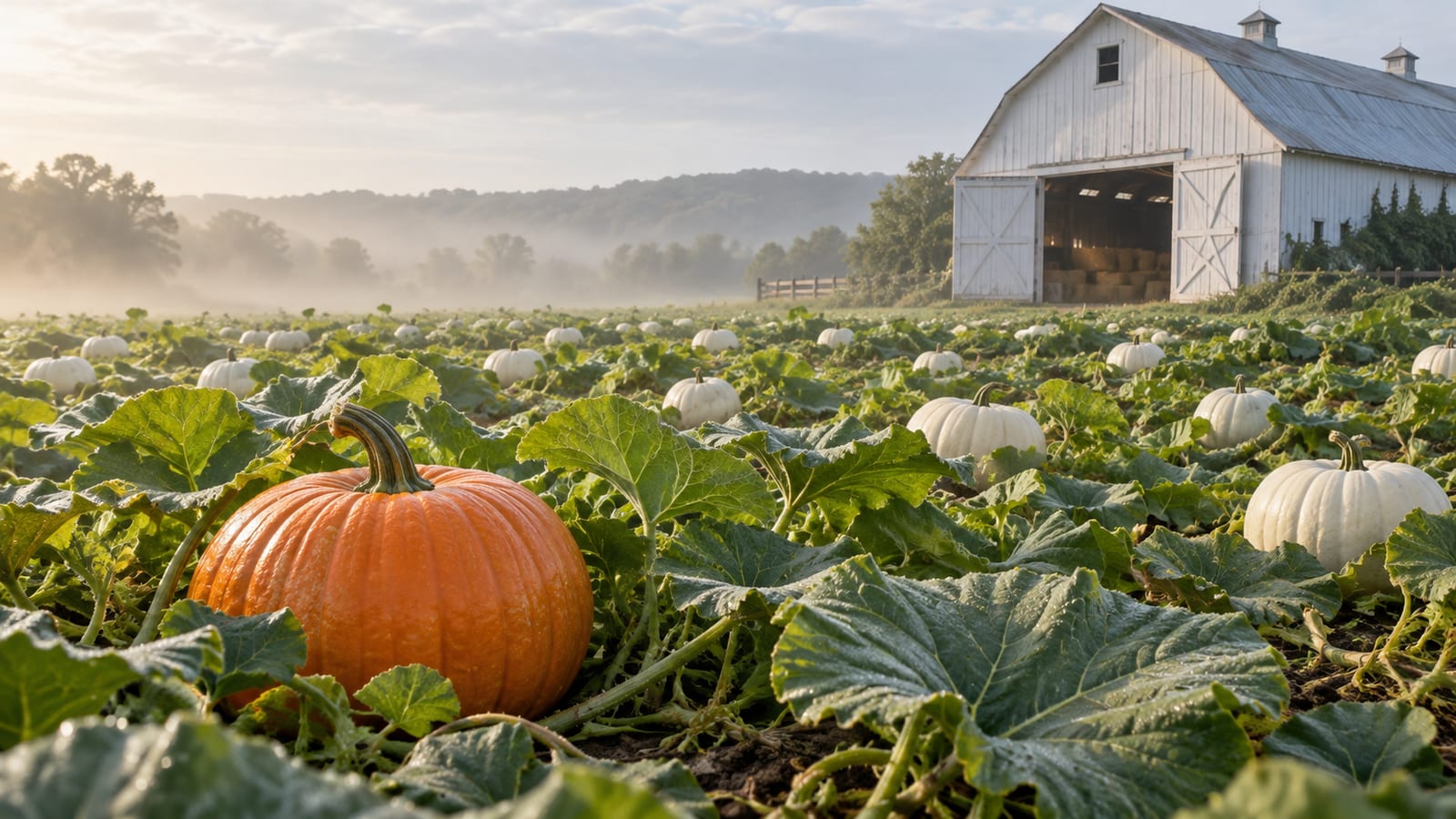 Un campo de calabazas blancas entre grandes hojas verdes, con una calabaza naranja en primer plano y un granero blanco de puertas abiertas al fondo.