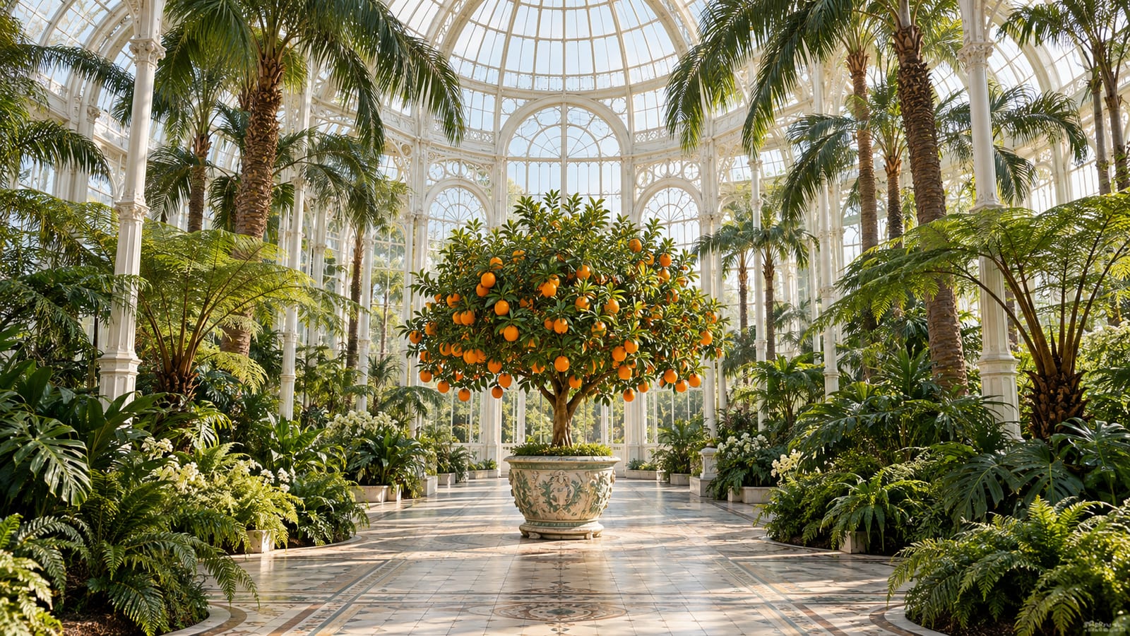 Un invernadero victoriano de hierro blanco y cristal lleno de palmeras y helechos, con un naranjo cargado de fruta en el centro del pasillo.