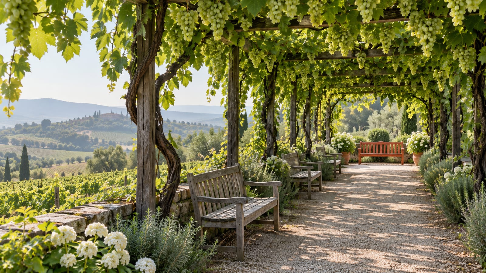 Una pérgola larga cubierta de parra con racimos de uva blanca sobre un pasillo con bancos de madera, uno de ellos pintado color teja, junto a un viñedo.