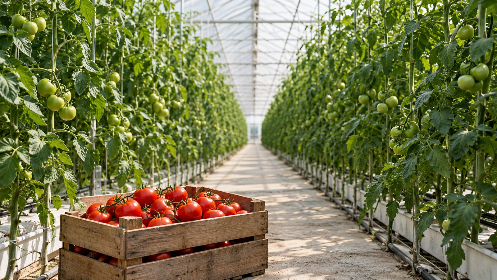 Un invernadero largo con hileras de tomateras altas a ambos lados de un pasillo central y una caja de tomates rojos recién cosechados en primer plano.