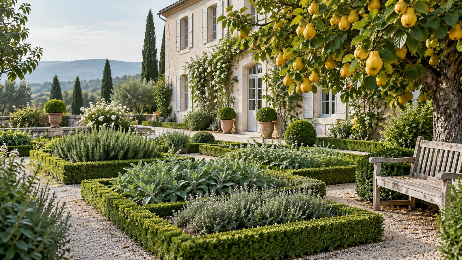 Un jardín de hierbas aromáticas en parterres geométricos frente a una casa de piedra blanca, con un banco bajo un membrillo cargado de fruta amarilla.