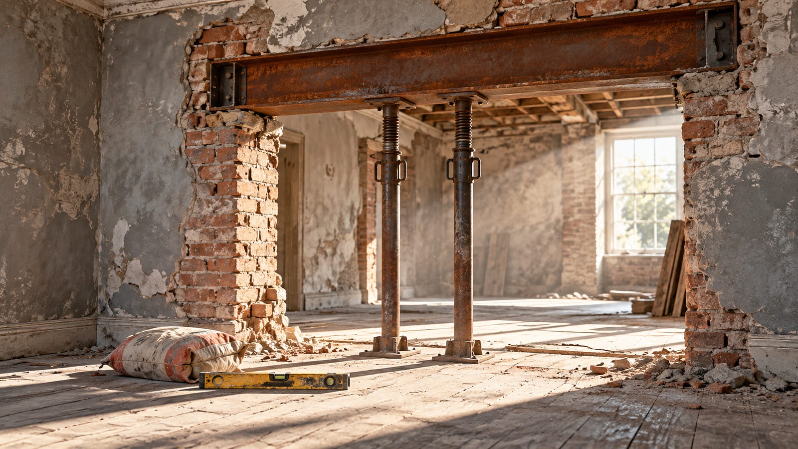 Un muro de carga abierto en una casa antigua en obra, con una viga nueva de acero oxidado apoyada sobre dos puntales metálicos y la luz dura entrando por el hueco.