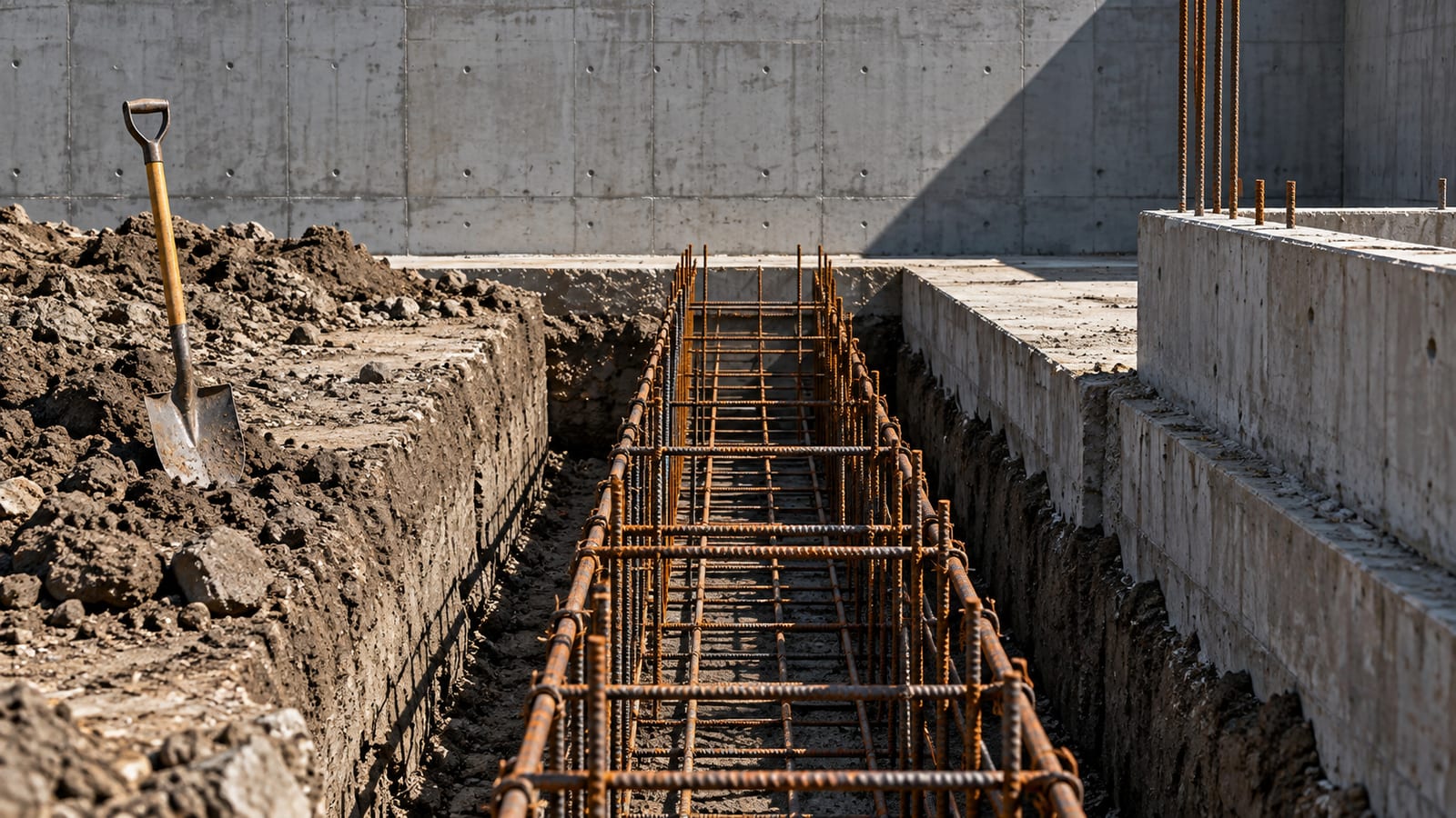 Una zanja de cimentación recién excavada con la armadura de acero oxidado montada dentro, entre muros de hormigón gris, y una pala clavada en la tierra.