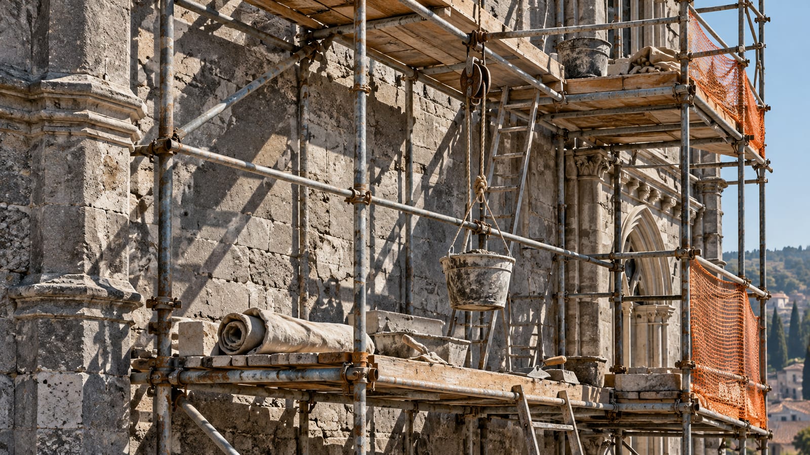 Un andamio metálico contra una fachada de piedra gris en obra, con plataformas a distintas alturas unidas por escaleras cortas y un cubo de mortero colgado de una polea.