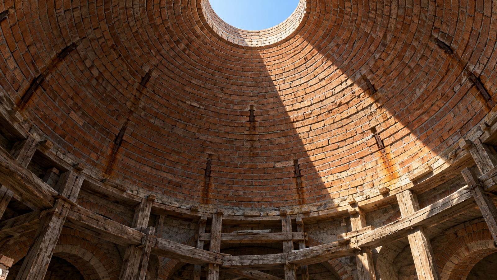 El interior de una cúpula de ladrillo en construcción vista desde abajo, con anillos que se estrechan hacia un óculo abierto por el que entra un haz de sol.