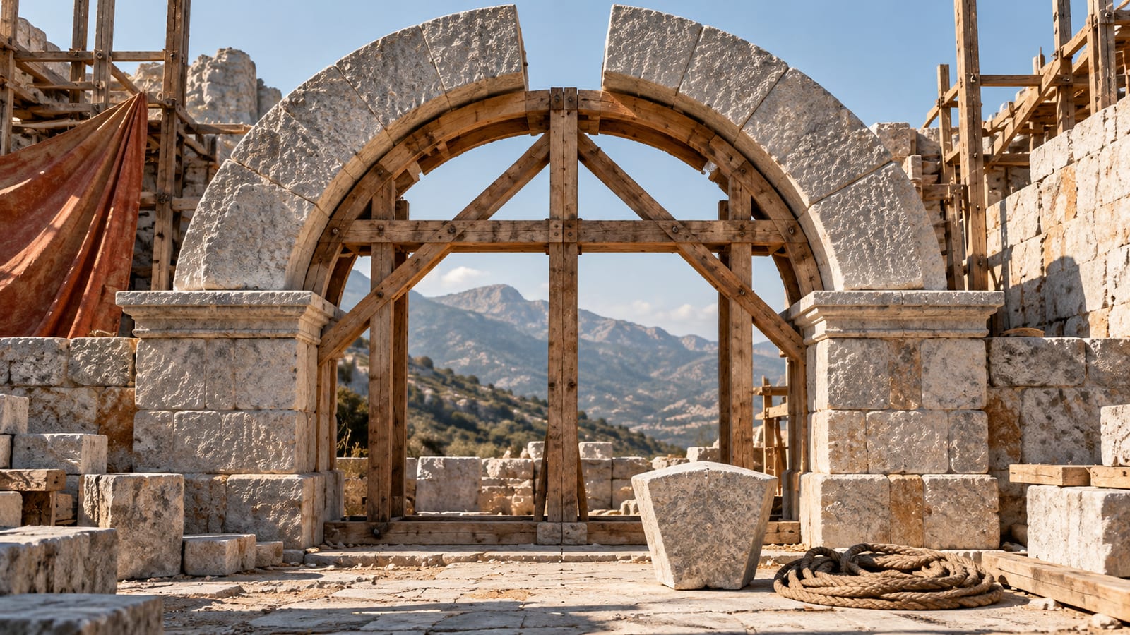 Un arco de piedra en construcción apoyado en su cimbra de madera, con el hueco de arriba vacío y la clave esperando en el suelo junto al muro.