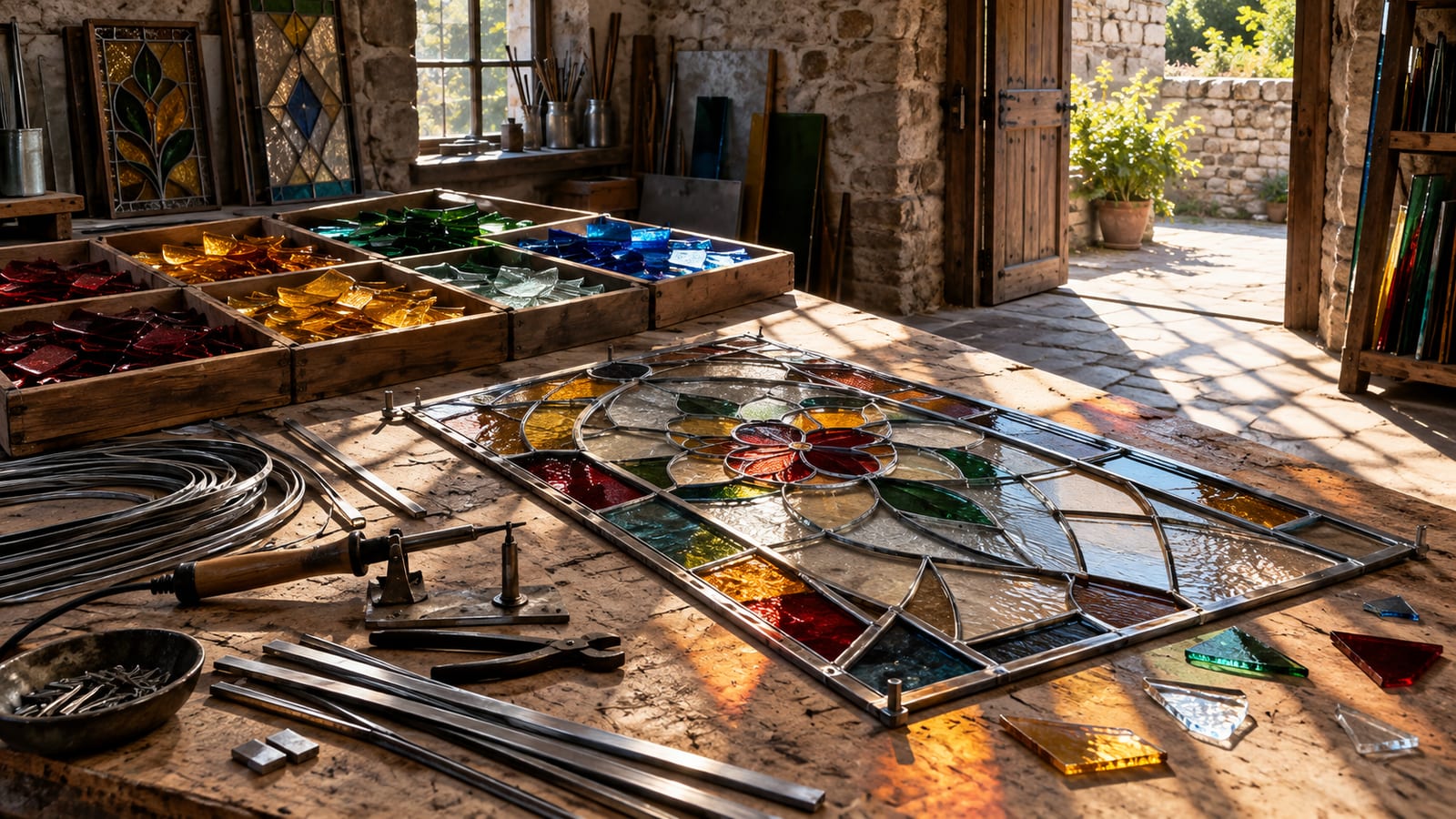 Una vidriera emplomada a medio montar sobre una mesa de taller, con piezas de vidrio de colores ordenadas por tonos y tiras de plomo bajo la luz que entra por un portón.