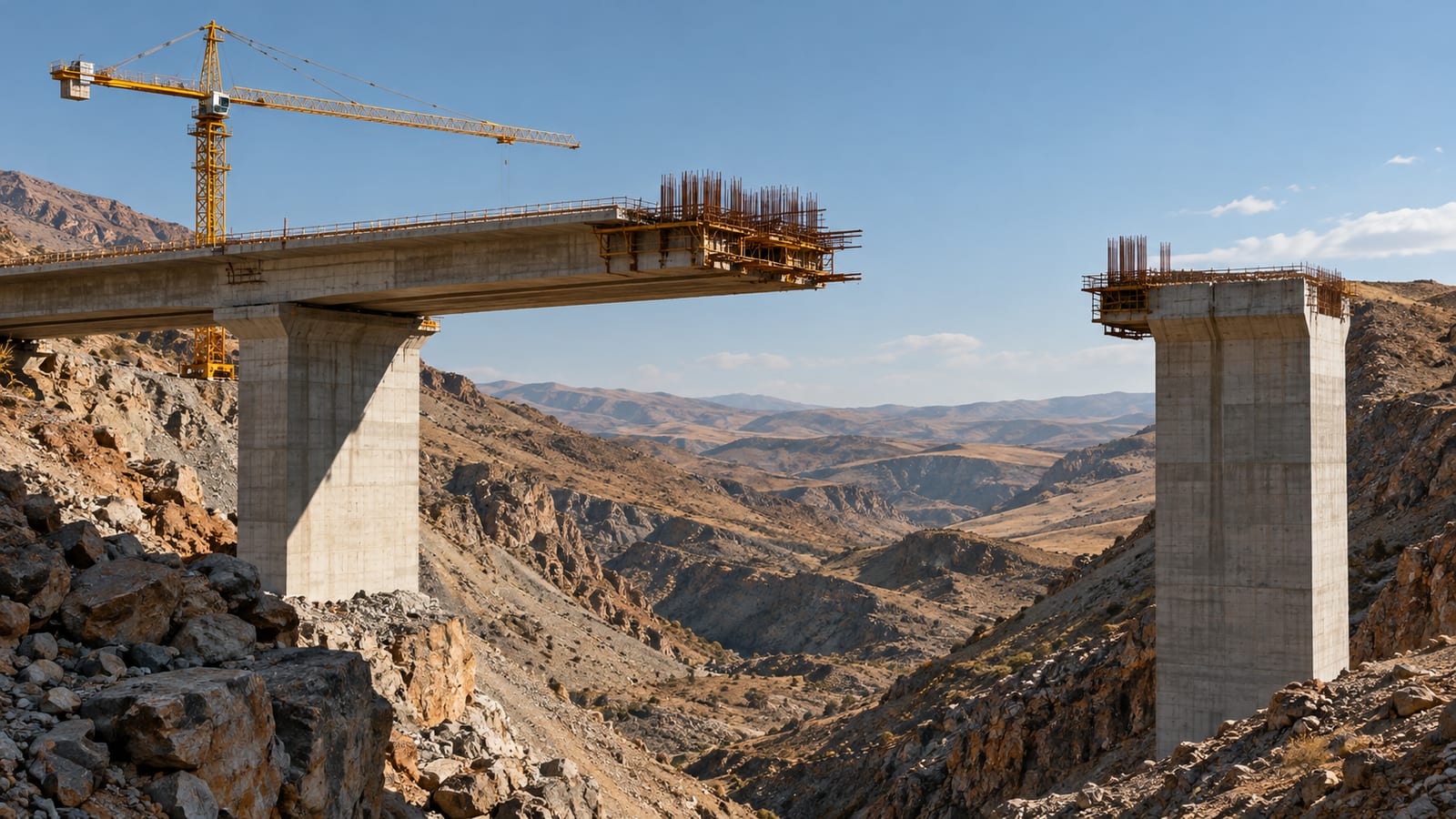 Un viaducto en construcción sobre un valle seco, con dos pilares de hormigón terminados, el tablero a medio avanzar y una grúa amarilla quieta.
