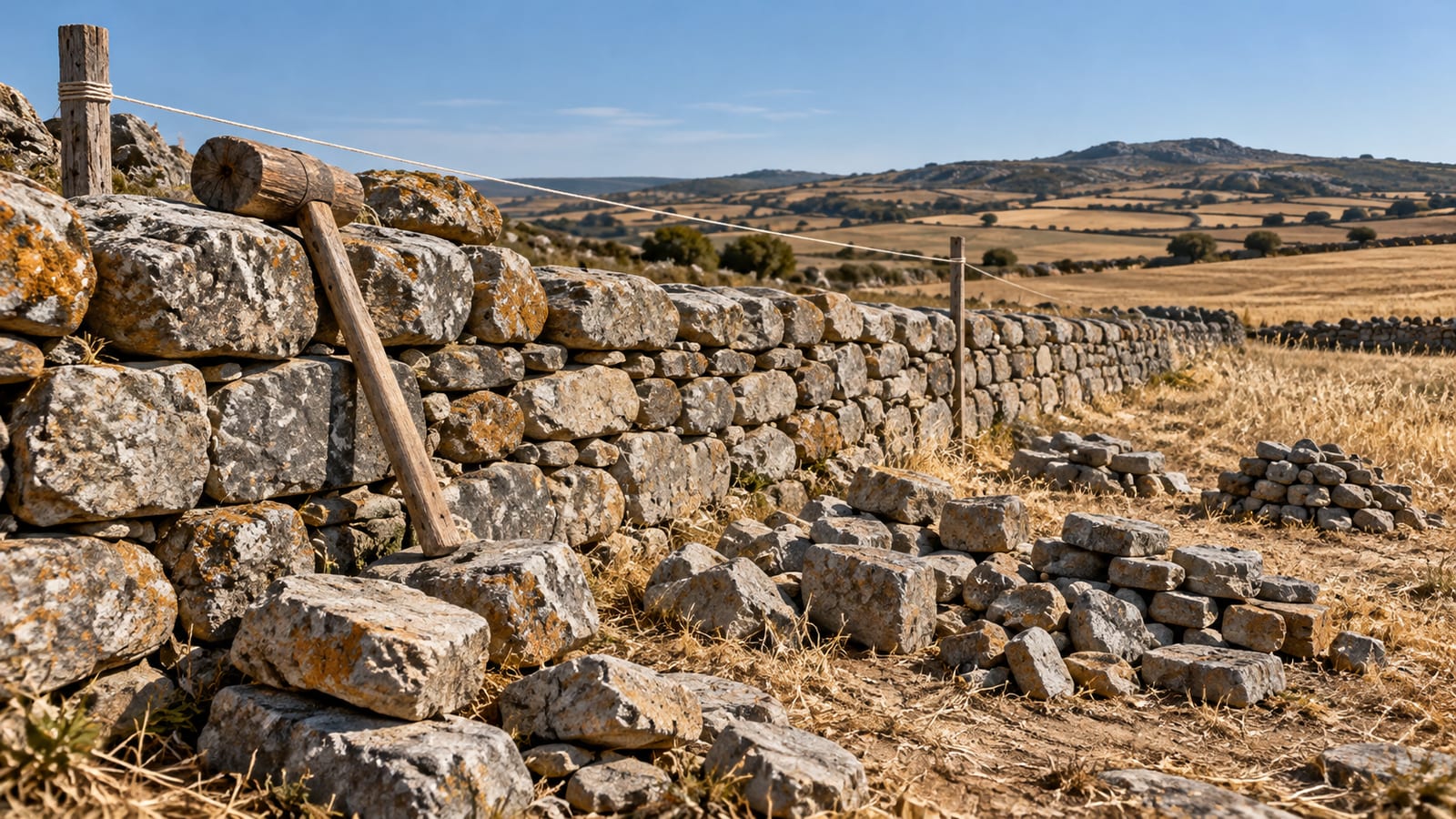 Un muro de piedra seca a medio levantar al borde de un campo, con piedras ordenadas por tamaño, un mazo de madera apoyado y un cordel tenso que marca la línea que falta.
