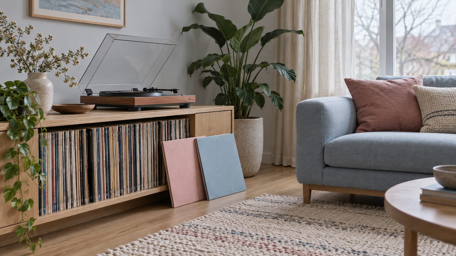 Una estantería baja con discos de vinilo ordenados, un tocadiscos con la tapa levantada y dos fundas lisas apoyadas juntas contra el mueble, en un salón luminoso.