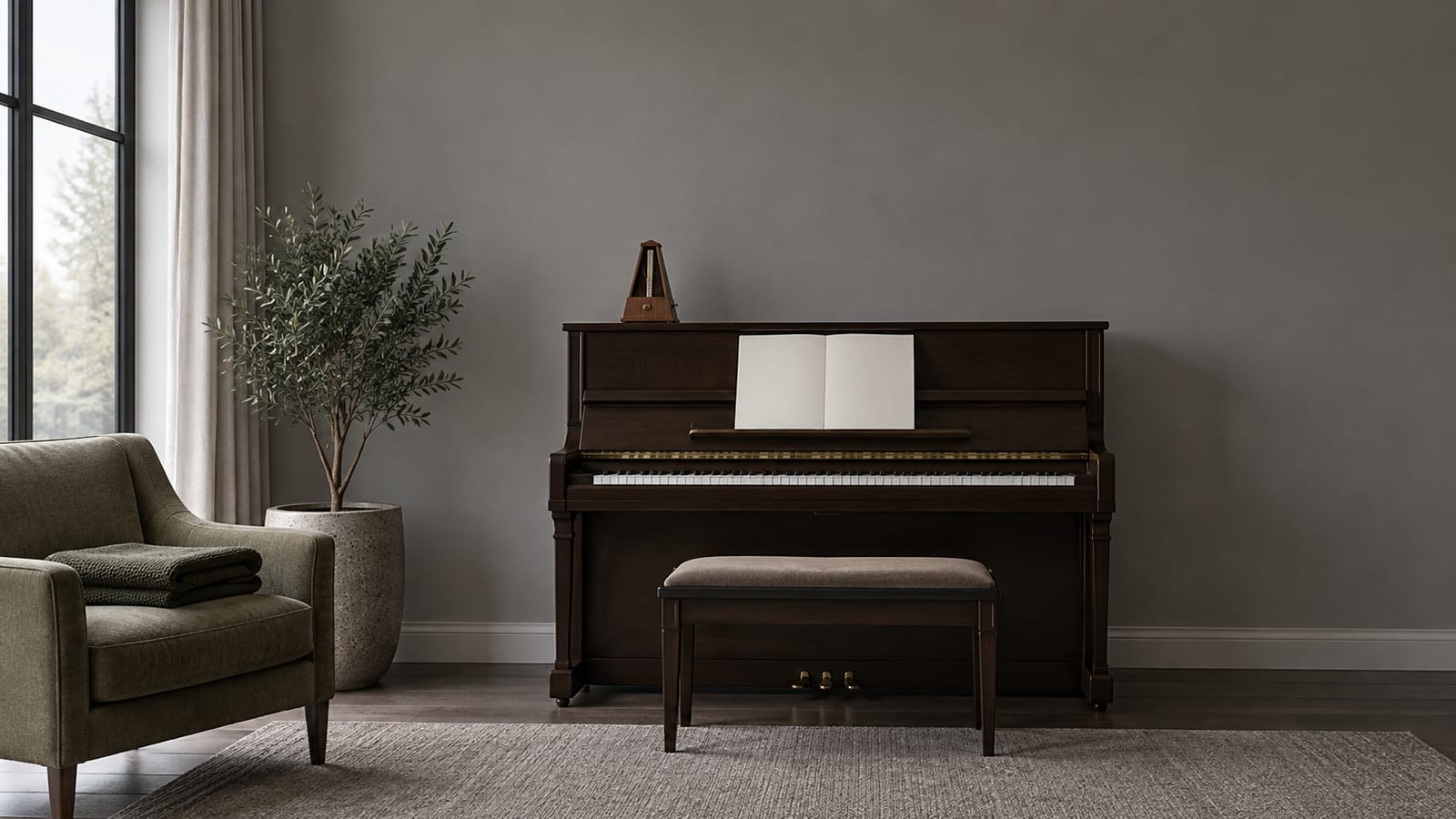 Un piano vertical de madera oscura con la tapa del teclado abierta, una partitura en blanco en el atril y un metrónomo parado encima, en un salón sereno.