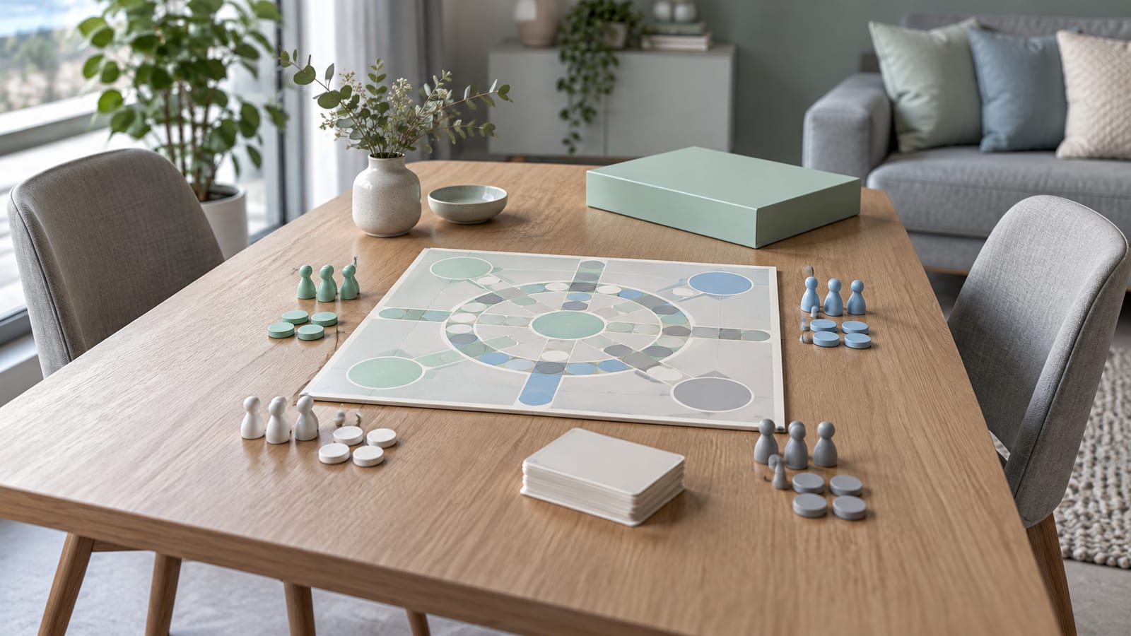 Un juego de mesa a medias sobre una mesa de comedor, con las fichas pastel repartidas en montones iguales, las cartas apiladas y dos sillas apartadas.