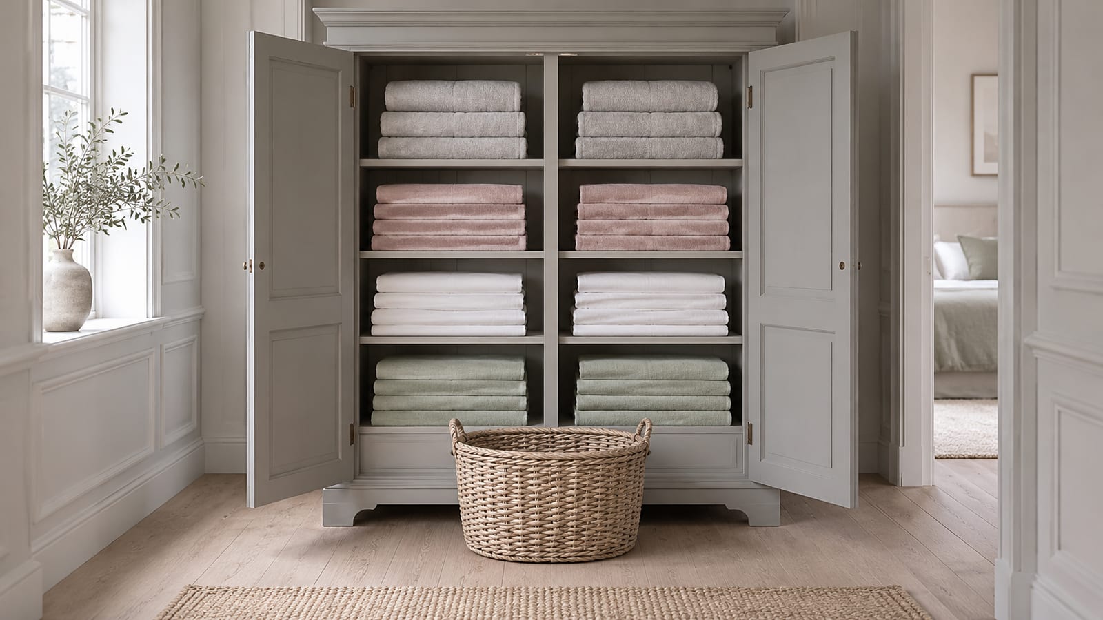 Un armario de ropa blanca con las puertas abiertas, toallas y sábanas dobladas en pilas idénticas ordenadas por tonos pastel y una cesta de lino vacía en el suelo.
