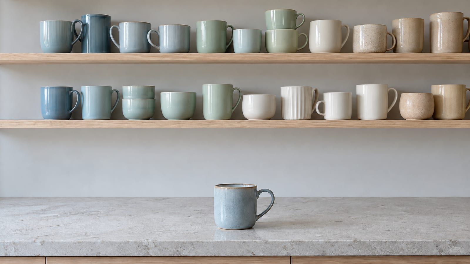 Una estantería de cocina con tazas desparejadas ordenadas en filas por colores pastel y una sola taza apartada sobre la encimera vacía.