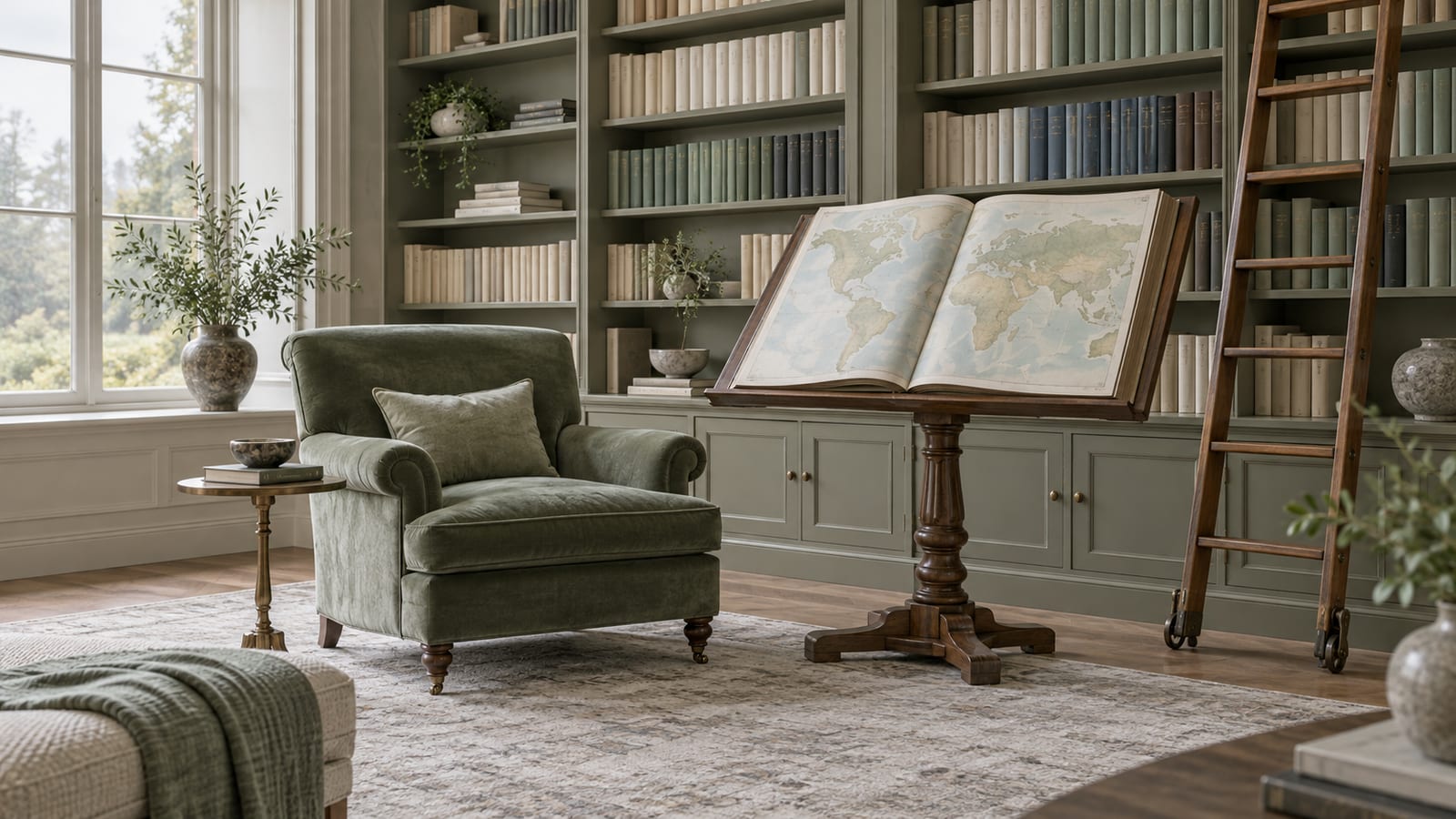 Una biblioteca de casa con estanterías altas ordenadas por colores, una escalerilla de madera y un atlas abierto sobre un atril junto a un sillón verde salvia.