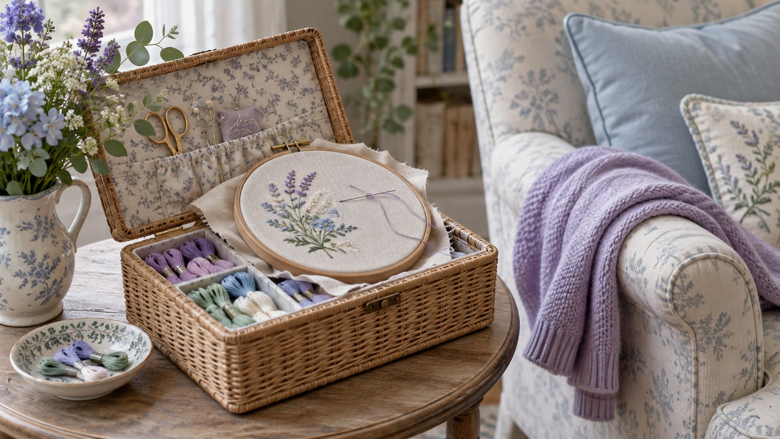 Un costurero de mimbre abierto con hilos de bordar ordenados por colores y un bastidor de madera con un bordado de flores a medio hacer, junto a una butaca.