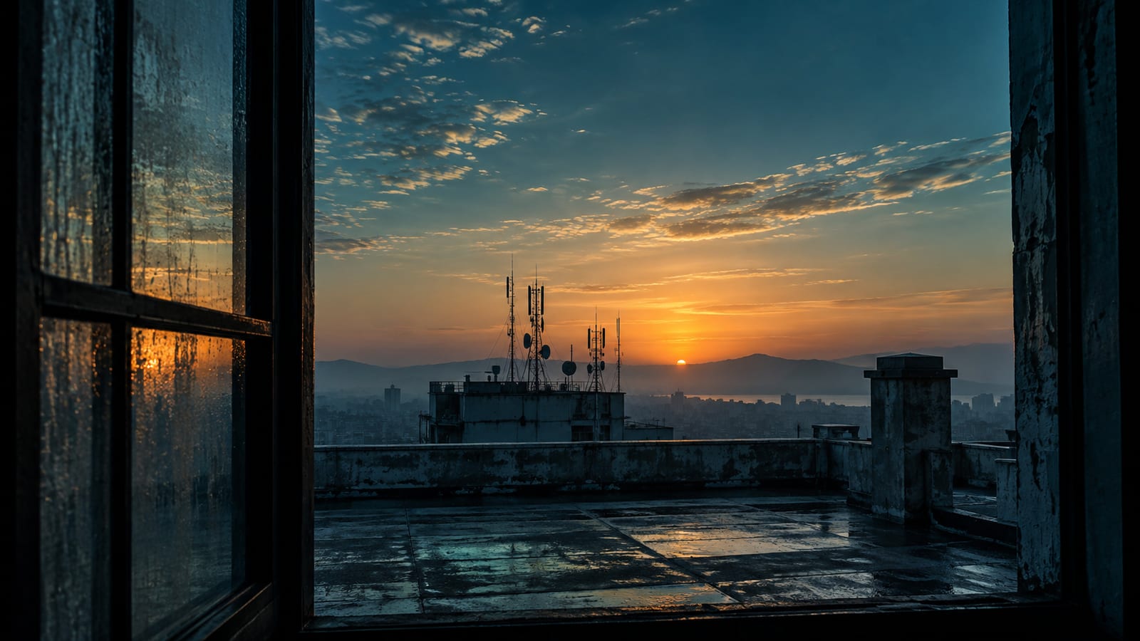 Ilustración editorial: ventana hacia un grupo lejano apareciendo en el horizonte al amanecer, en azotea con antenas y cielo abierto.