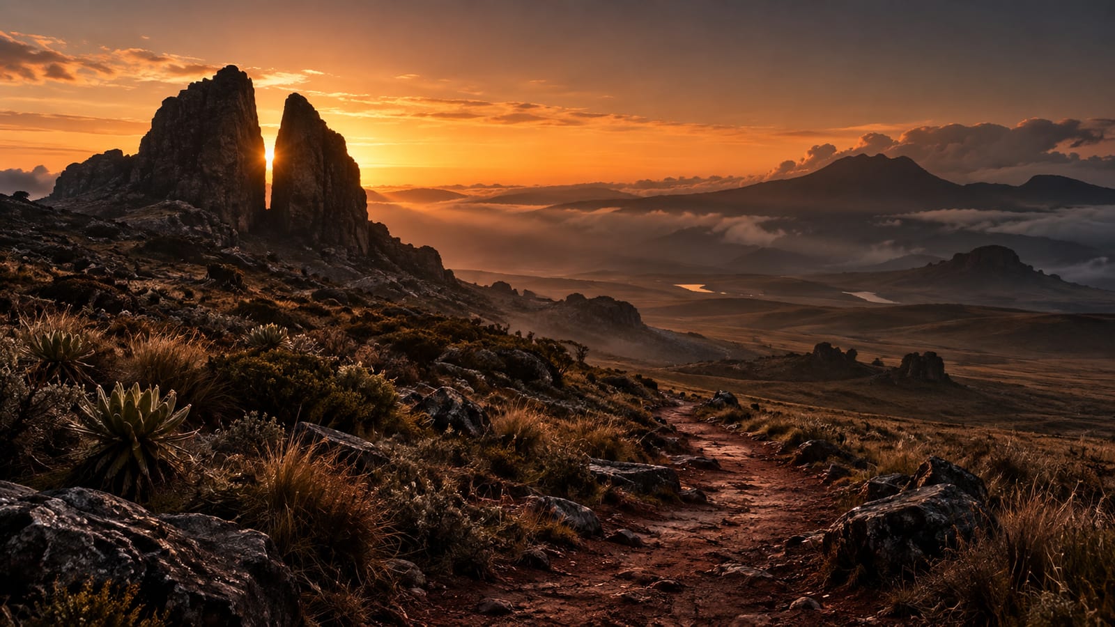 Ilustración editorial: roca partida apareciendo en el horizonte al amanecer, en camino abierto en el páramo.
