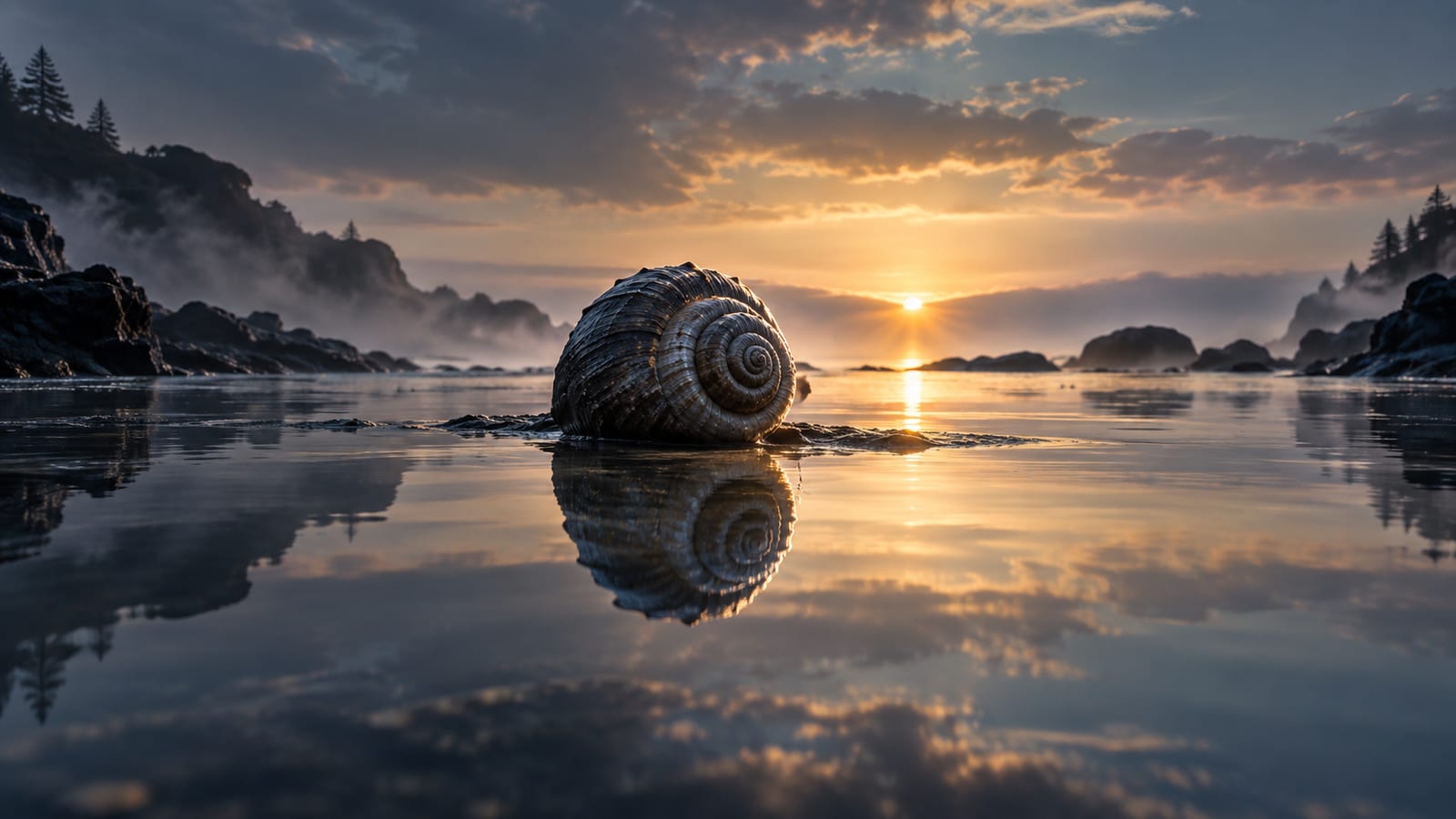 Ilustración editorial: concha o espiral apareciendo en el horizonte al amanecer, en cala protegida.