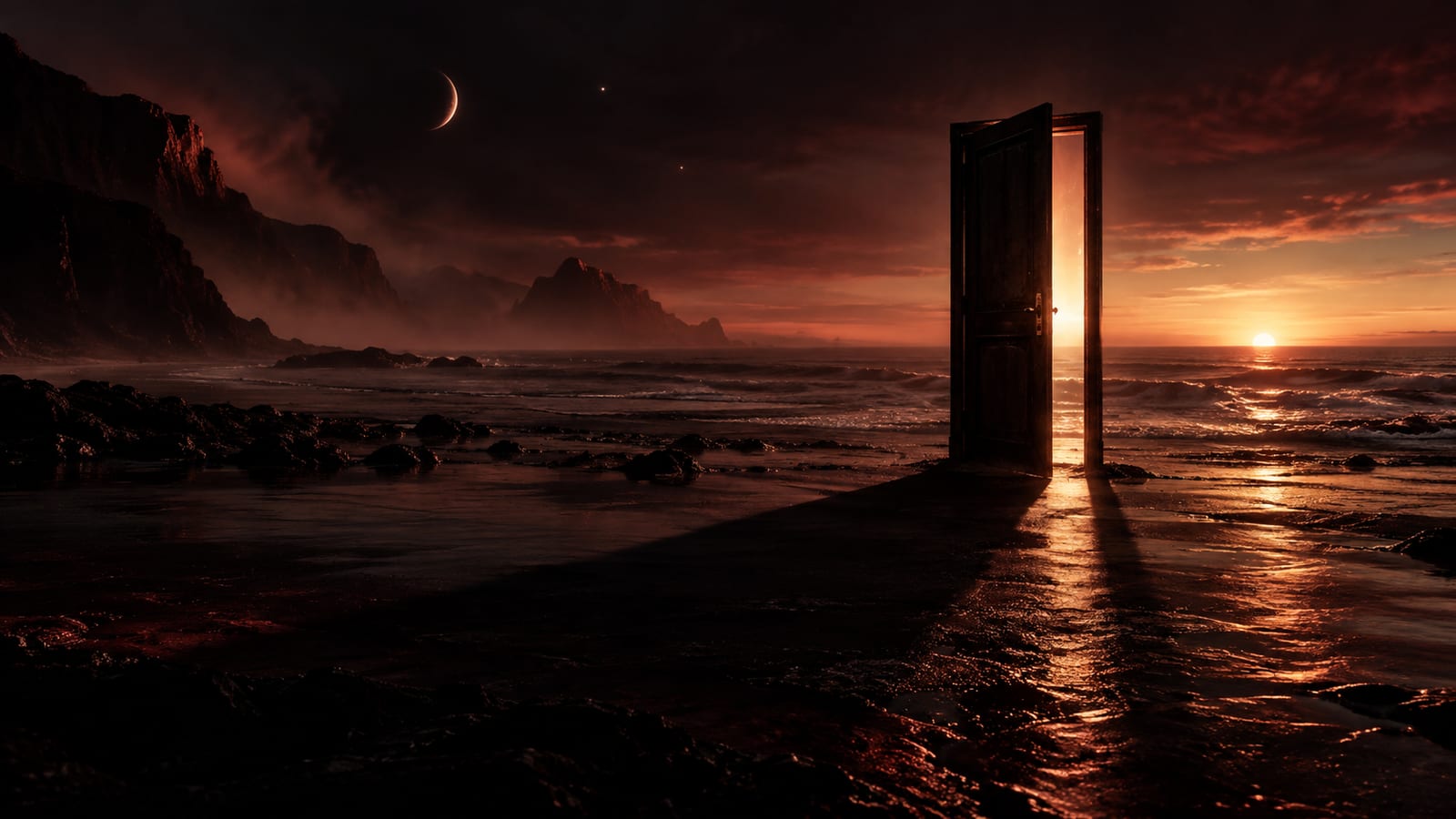 Ilustración editorial: puerta entornada, sombra larga apareciendo en el horizonte al amanecer, en orilla de noche cerrada.