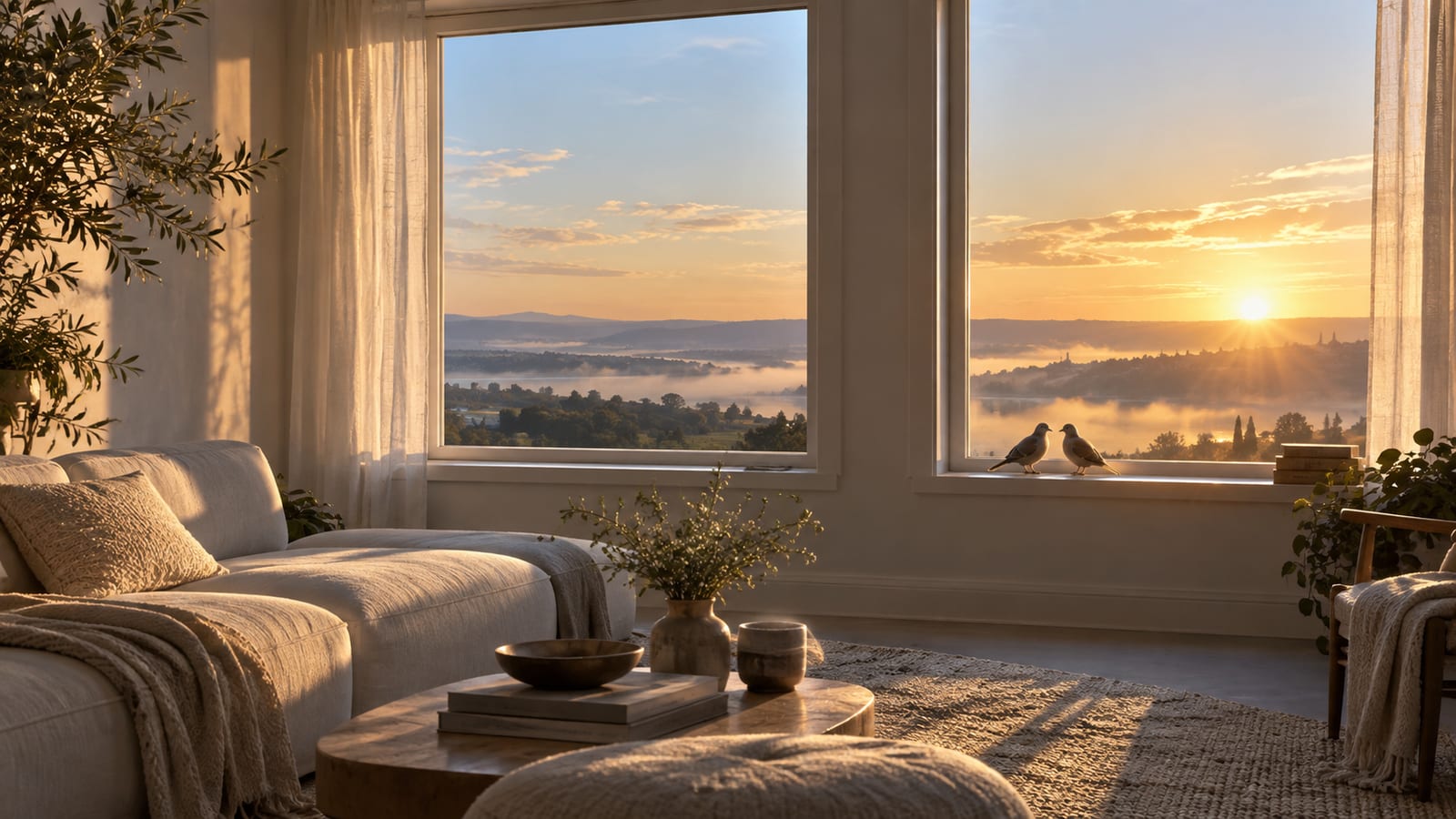 Ilustración editorial: pájaros en pareja apareciendo en el horizonte al amanecer, en sala con dos ventanas.