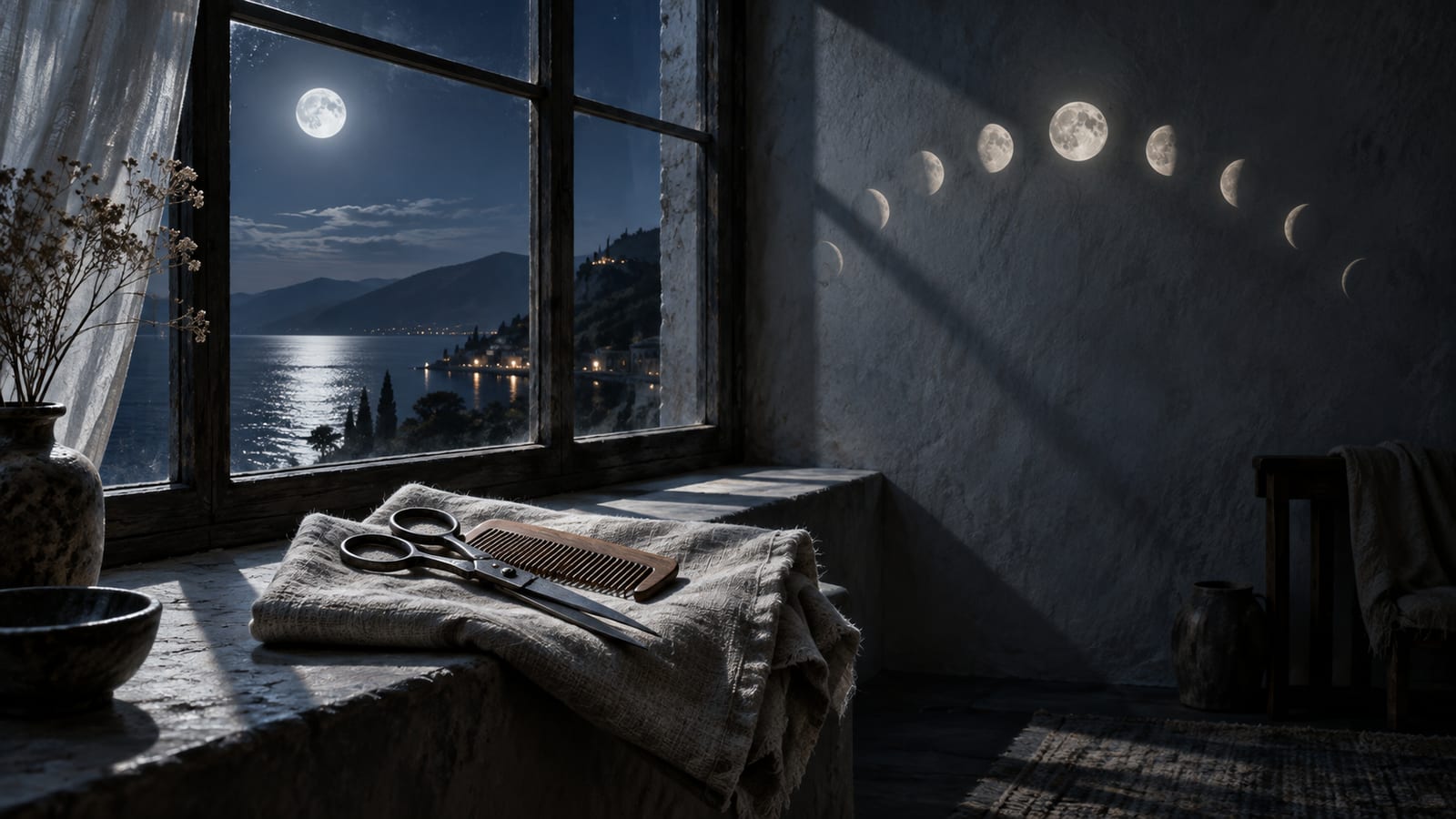 Ilustración editorial: tijeras y peine de madera sobre lino en el alféizar de una ventana, iluminados por la Luna.
