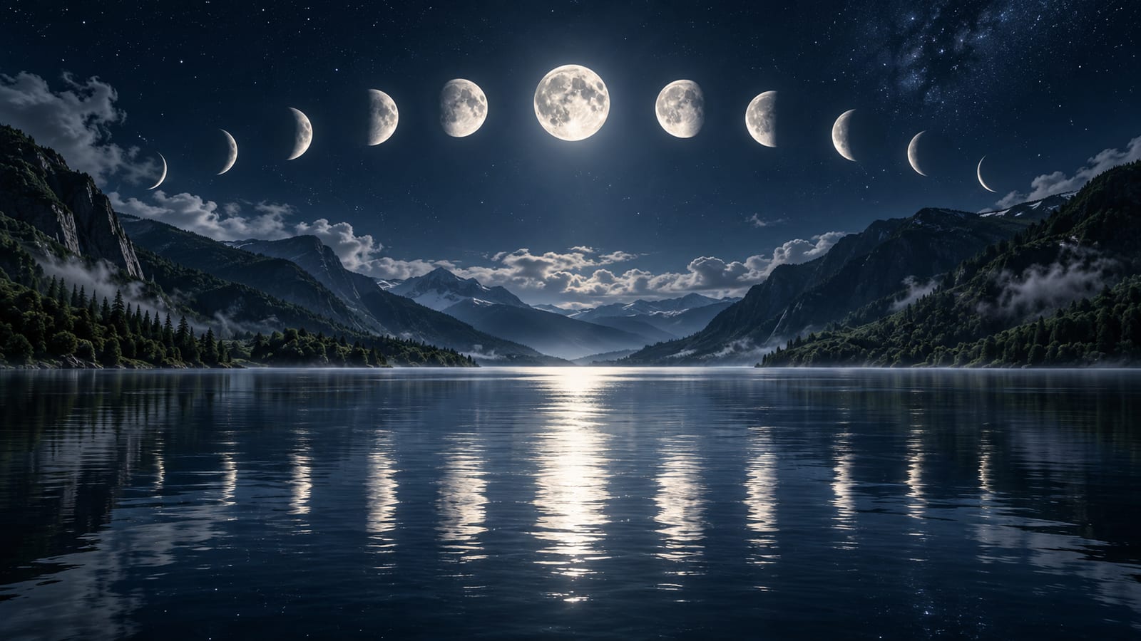 Ilustración editorial: un valle de noche con la Luna dibujada como una secuencia de fases sobre el cielo.