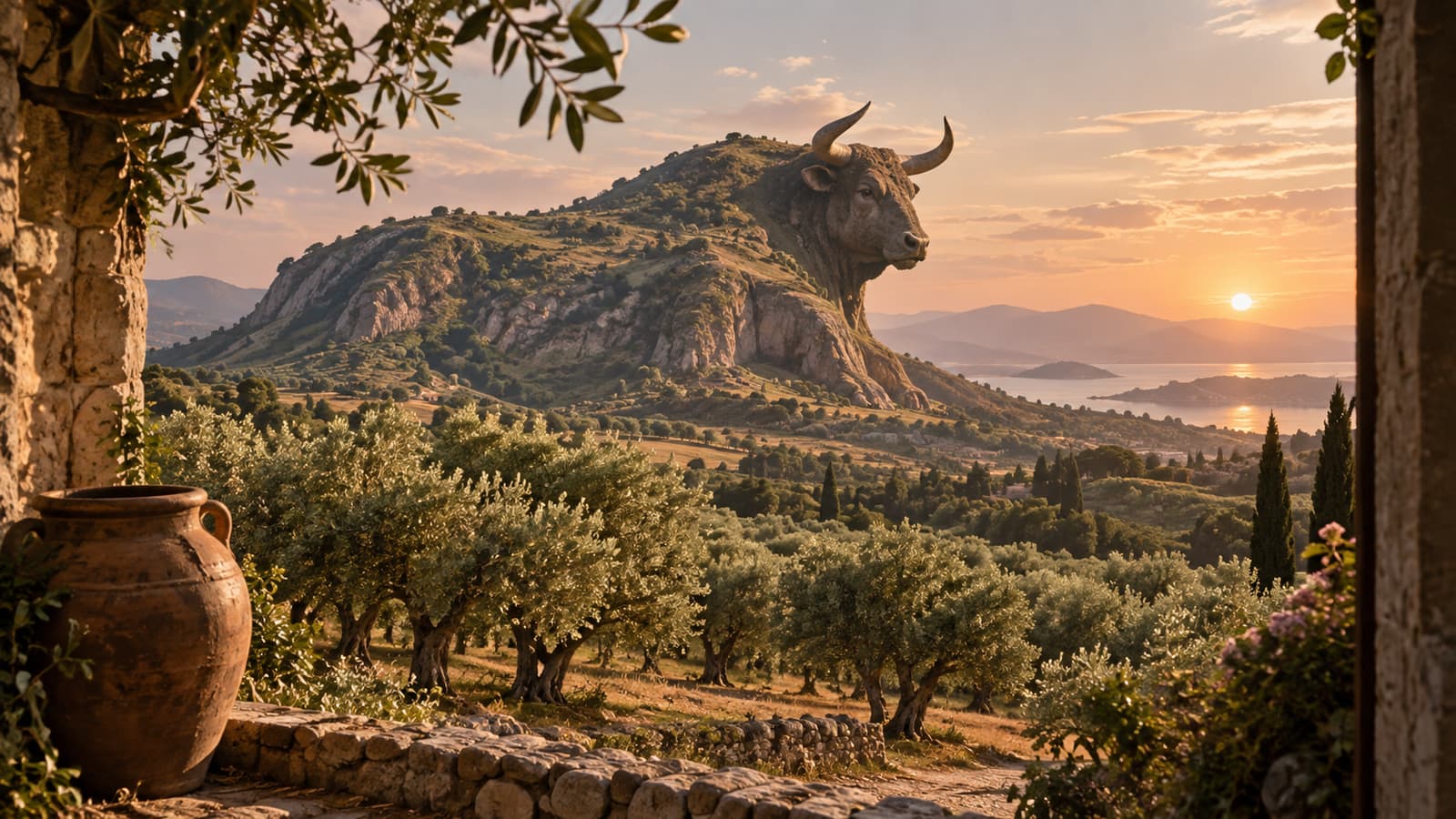 Ilustración editorial: muro de piedra cálido en huerto al atardecer, a plena luz: la imagen de Tauro.