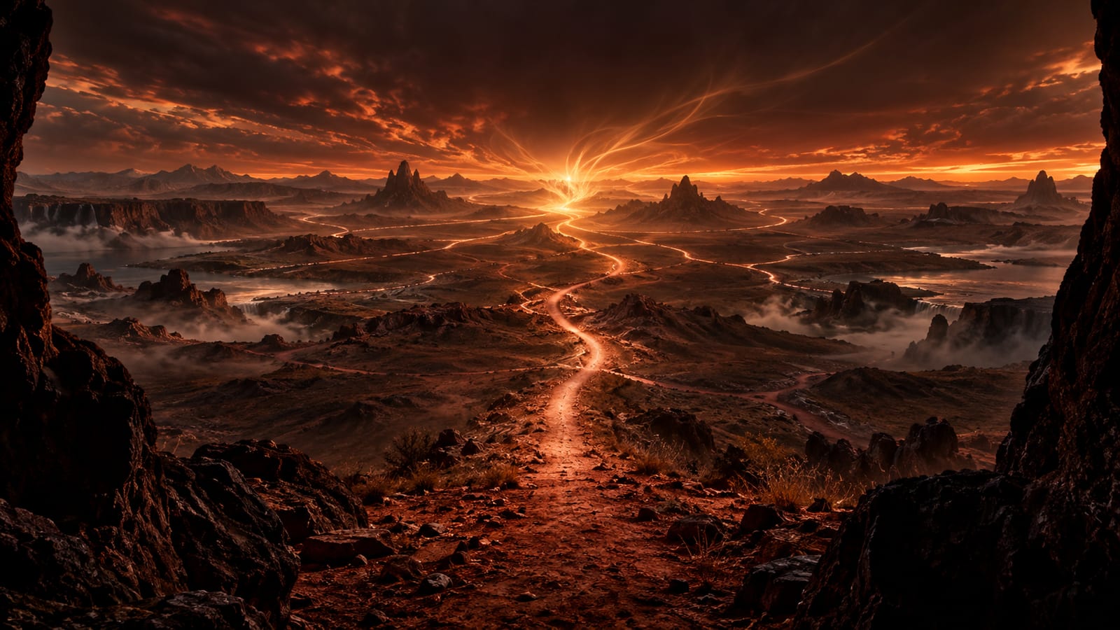 Ilustración editorial: senda que arranca desde el primer plano en el centro de camino abierto en el páramo, con varios caminos que salen hacia el horizonte.