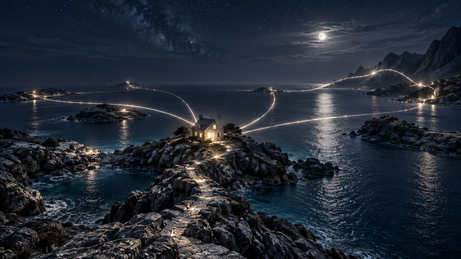 Ilustración editorial: casa con luz en la ventana en el centro de cala protegida, con varios caminos que salen hacia el horizonte.