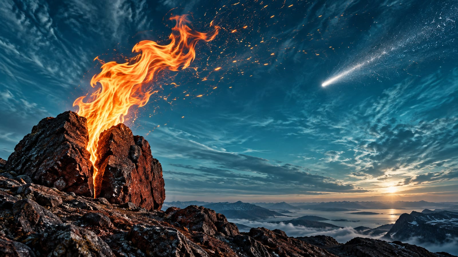 Ilustración editorial: una llama alta doblada por el viento en una cresta, con chispas en el cielo; a un lado, roca partida (Aries); al otro, cielo con satélite o cometa (Acuario).
