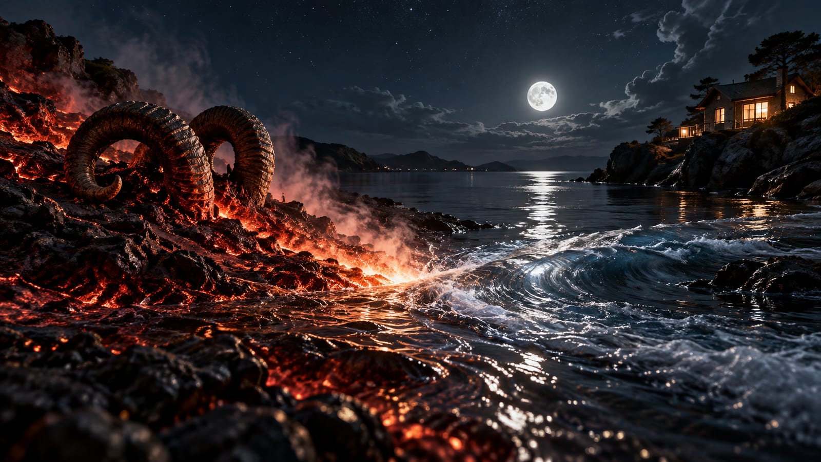 Ilustración editorial: una orilla de brasas rojizas junto a agua oscura y quieta, con vapor en la línea de contacto; a un lado, cuernos del carnero como línea curva doble (Aries); al otro, casa con luz en la ventana (Cáncer).