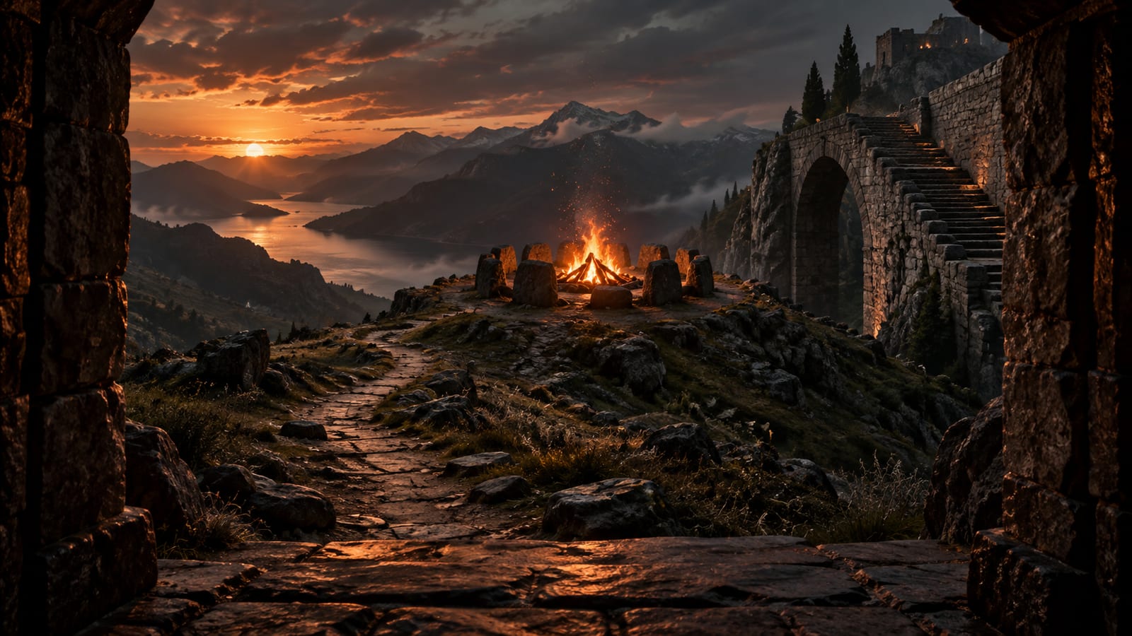 Ilustración editorial: una hoguera encendida dentro de un anillo de piedras en una ladera; a un lado, senda que arranca desde el primer plano (Aries); al otro, estructura, viga, arco de piedra (Capricornio).