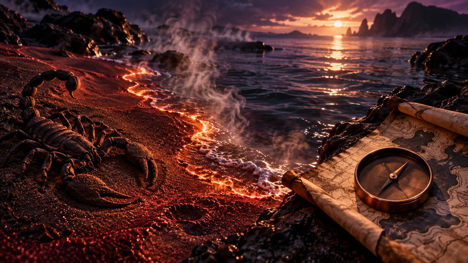 Ilustración editorial: una orilla de brasas rojizas junto a agua oscura y quieta, con vapor en la línea de contacto; a un lado, escorpión como silueta en la arena o en un relieve (Escorpio); al otro, mapa, brújula (Sagitario).