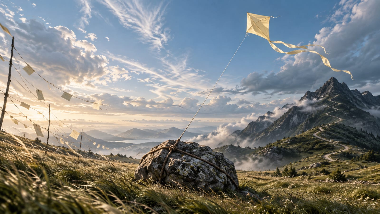 Ilustración editorial: una cometa de seda atada a una roca pesada en un campo abierto; a un lado, mensajes, hilos, cables tendidos (Géminis); al otro, cima de montaña con sendero en zigzag (Capricornio).