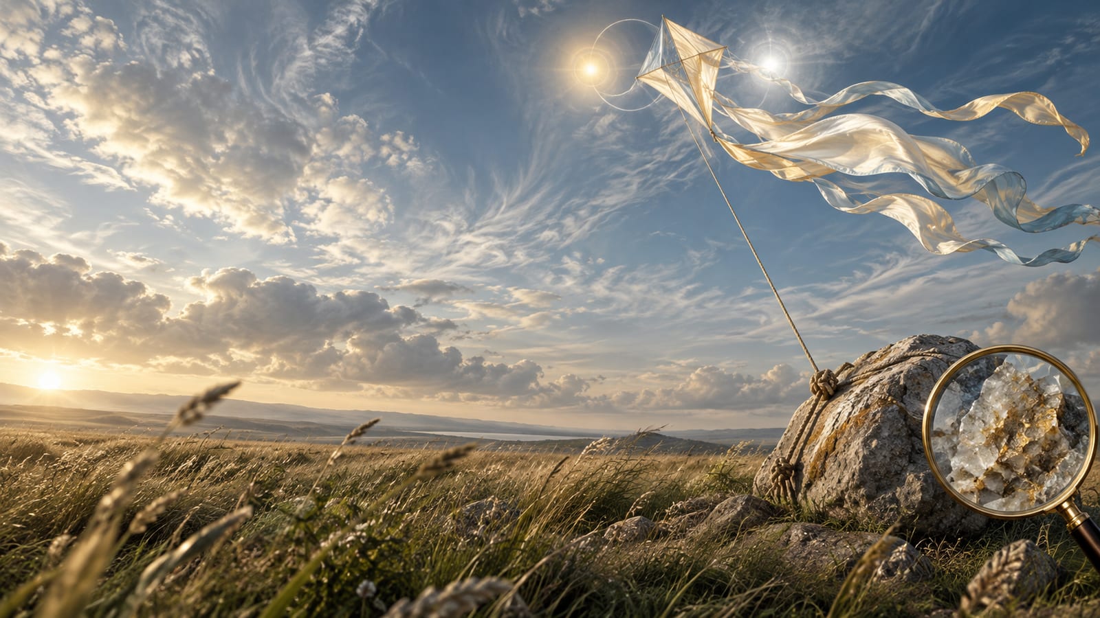 Ilustración editorial: una cometa de seda atada a una roca pesada en un campo abierto; a un lado, dos figuras o dos luces enfrentadas (Géminis); al otro, lupa o detalle ampliado (Virgo).