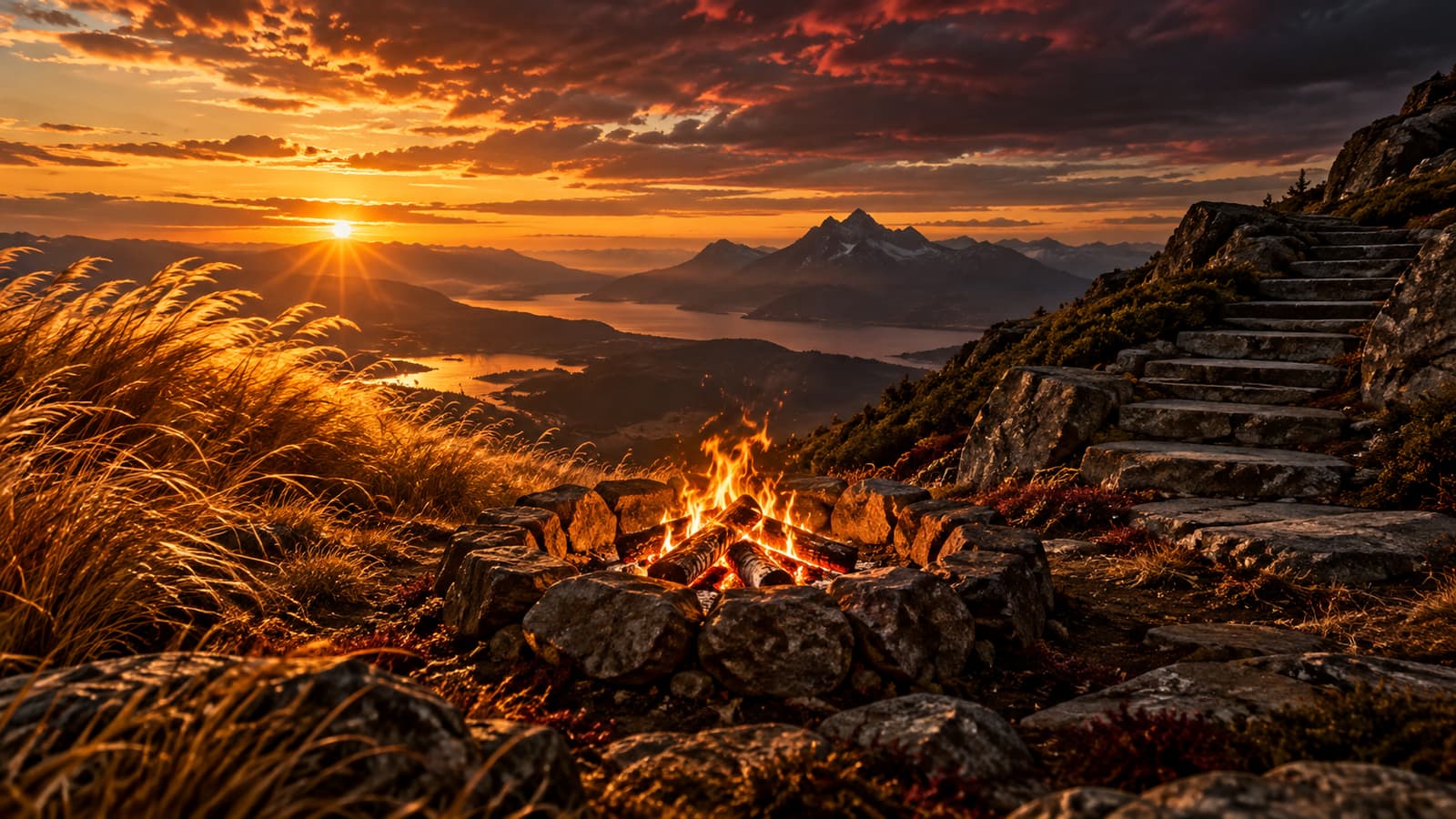 Ilustración editorial: una hoguera encendida dentro de un anillo de piedras en una ladera; a un lado, melena sugerida por rayos o hierba alta (Leo); al otro, escalera o terraza de piedra (Capricornio).