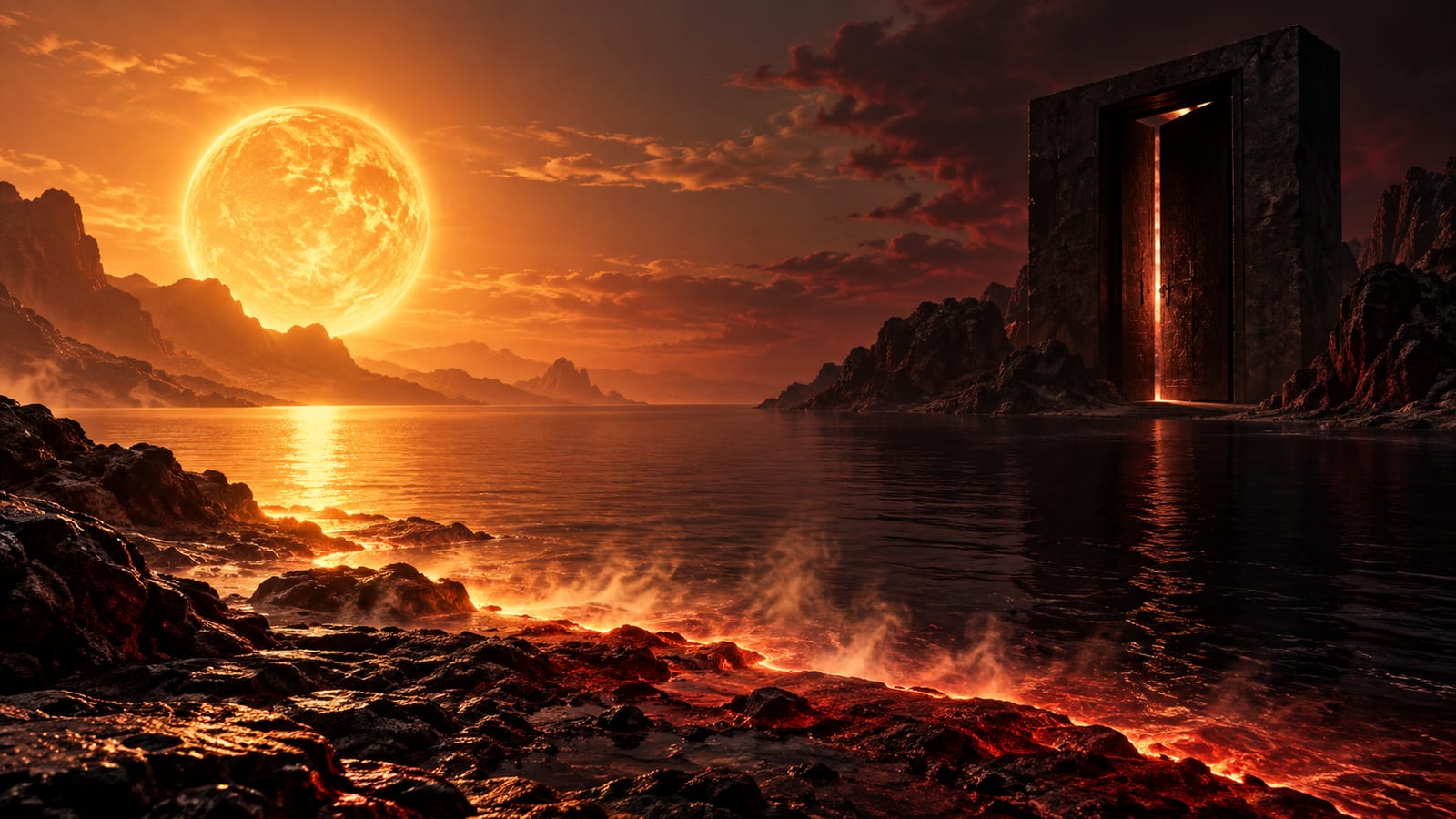 Ilustración editorial: una orilla de brasas rojizas junto a agua oscura y quieta, con vapor en la línea de contacto; a un lado, sol como disco pleno o corona (Leo); al otro, puerta entornada, sombra larga (Escorpio).
