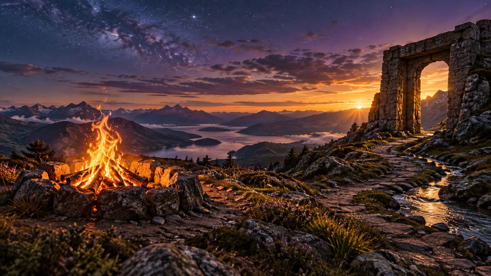 Ilustración editorial: una hoguera encendida dentro de un anillo de piedras en una ladera; a un lado, hoguera bajo cielo abierto (Sagitario); al otro, estructura, viga, arco de piedra (Capricornio).