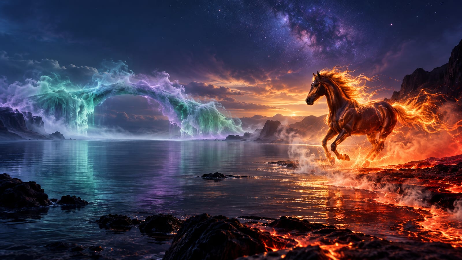 Ilustración editorial: una orilla de brasas rojizas junto a agua oscura y quieta, con vapor en la línea de contacto; a un lado, caballo o centauro sugerido en movimiento (Sagitario); al otro, puente de niebla (Piscis).