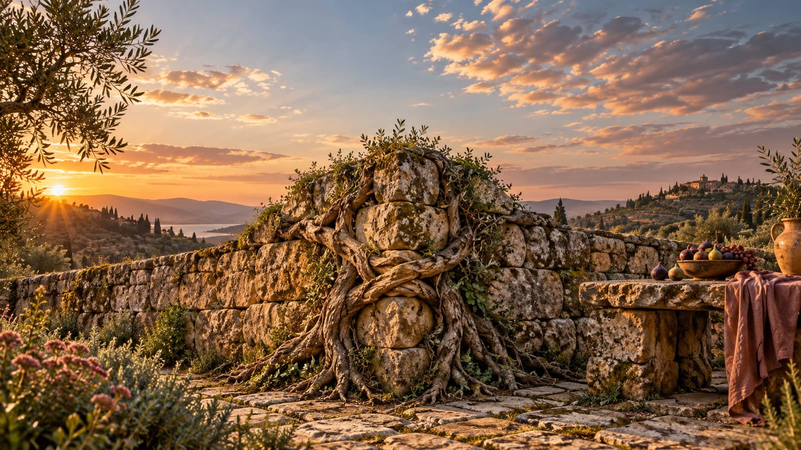 Ilustración editorial: dos muros de piedra que se encuentran en una esquina, unidos por raíces; a un lado, muro de piedra cálido (Tauro); al otro, mesa puesta o fruta madura (Tauro).