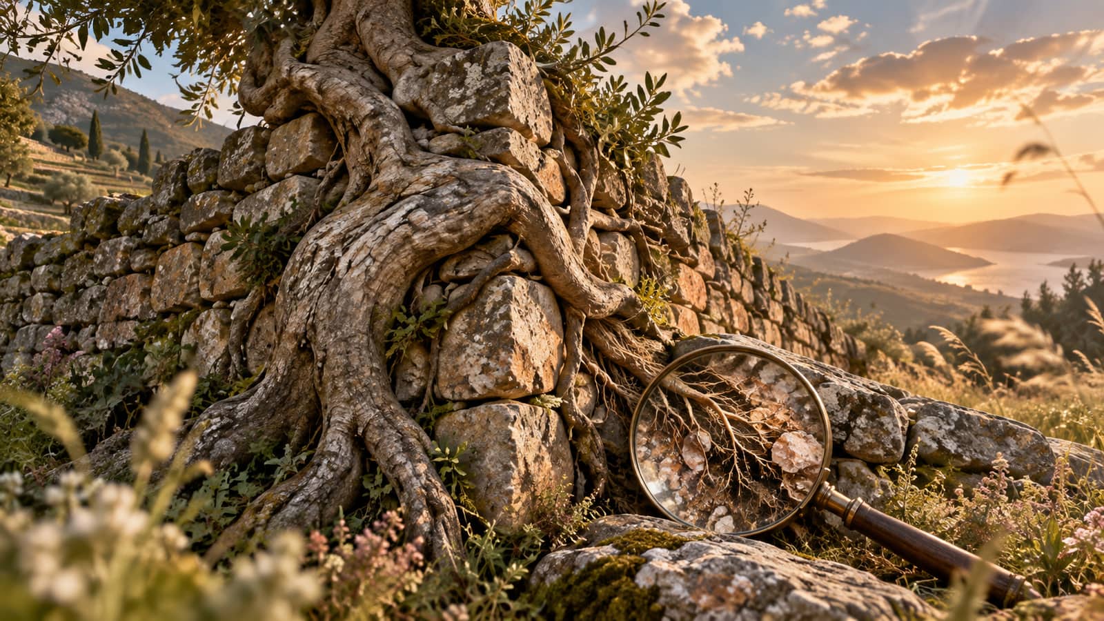 Ilustración editorial: dos muros de piedra que se encuentran en una esquina, unidos por raíces; a un lado, raíz gruesa (Tauro); al otro, lupa o detalle ampliado (Virgo).