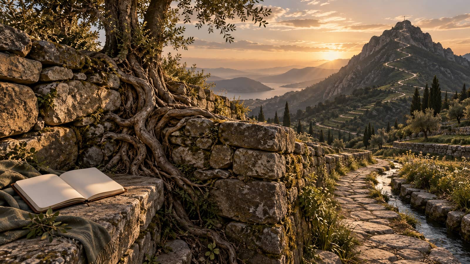 Ilustración editorial: dos muros de piedra que se encuentran en una esquina, unidos por raíces; a un lado, cuaderno abierto (Virgo); al otro, cima de montaña con sendero en zigzag (Capricornio).
