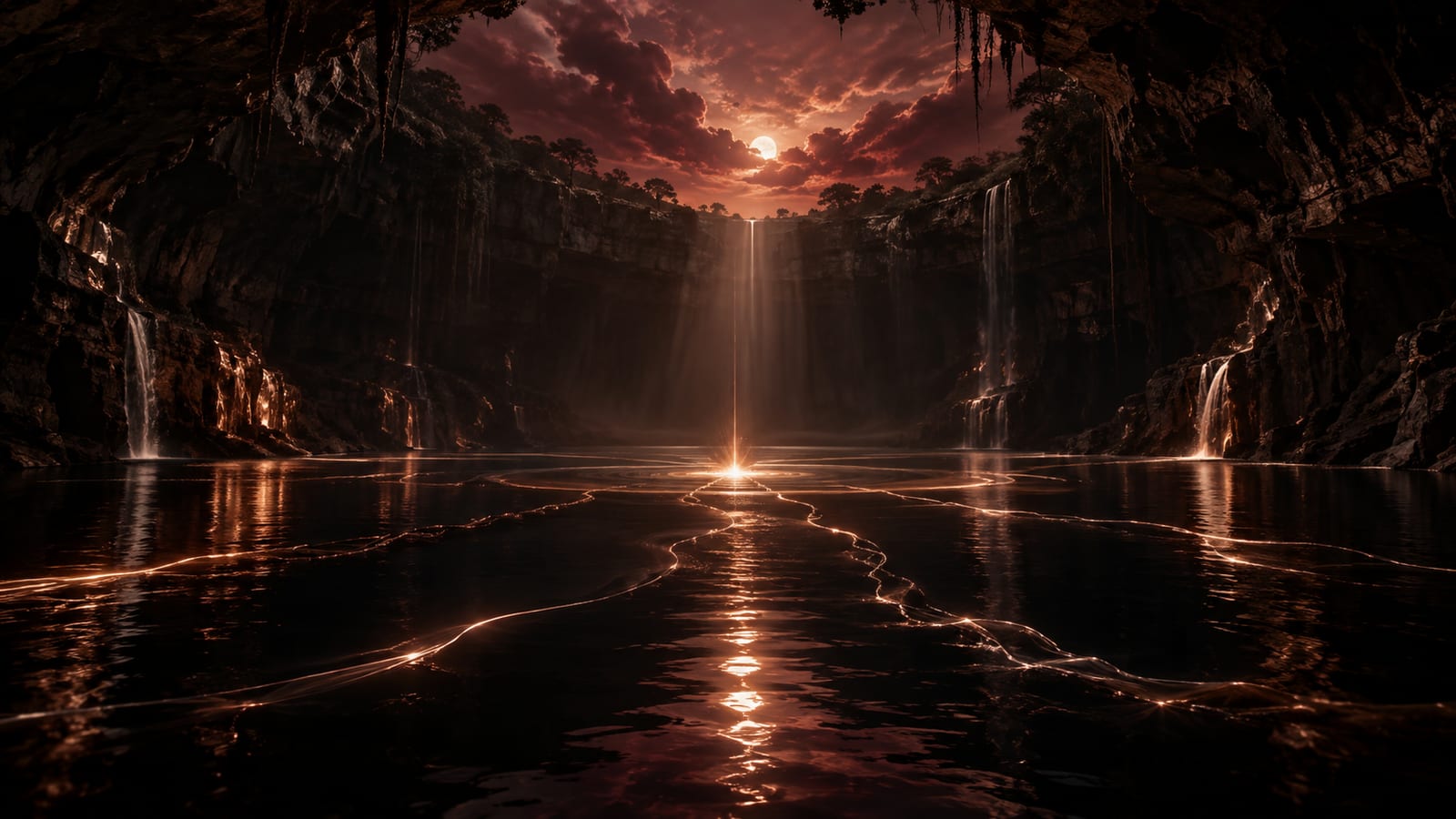 Ilustración editorial: agua profunda con un solo punto de luz en el centro de cenote o gruta con luz cenital, con varios caminos que salen hacia el horizonte.