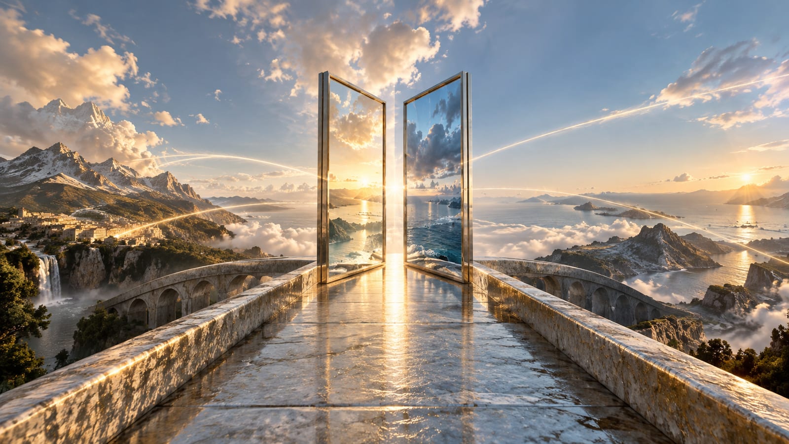 Ilustración editorial: espejo, ventana doble en el centro de puente entre dos orillas, con varios caminos que salen hacia el horizonte.