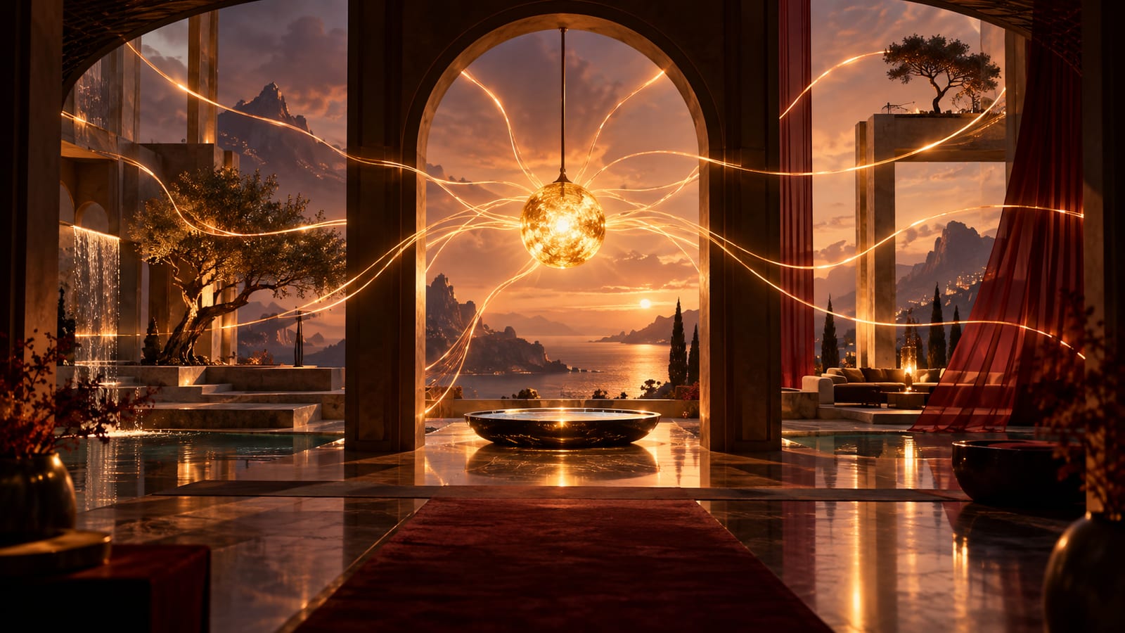 Ilustración editorial: escenario, foco, arco en el centro de salón con una lámpara central, con varios caminos que salen hacia el horizonte.